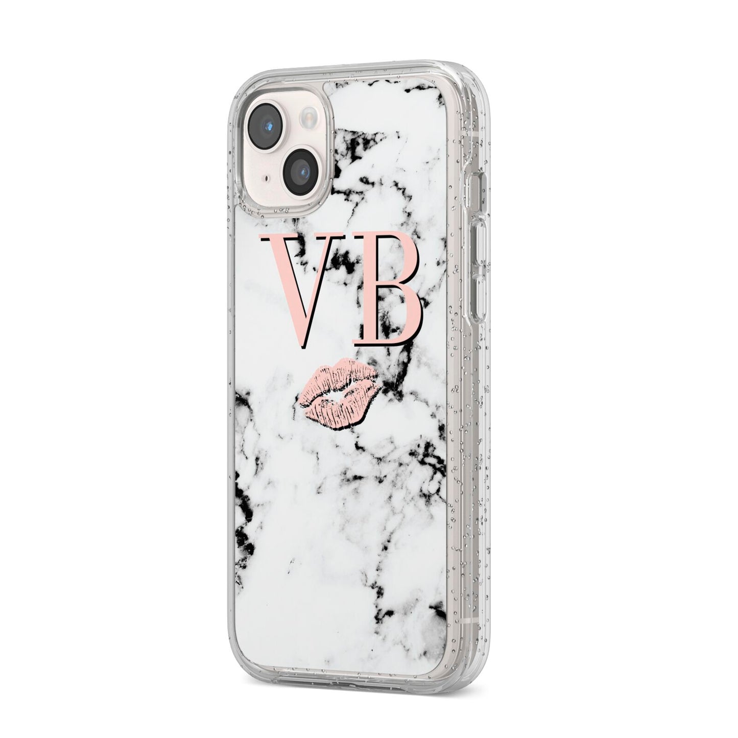 Personalised Coral Initials Lips Marble iPhone 14 Plus Glitter Tough Case Starlight Angled Image