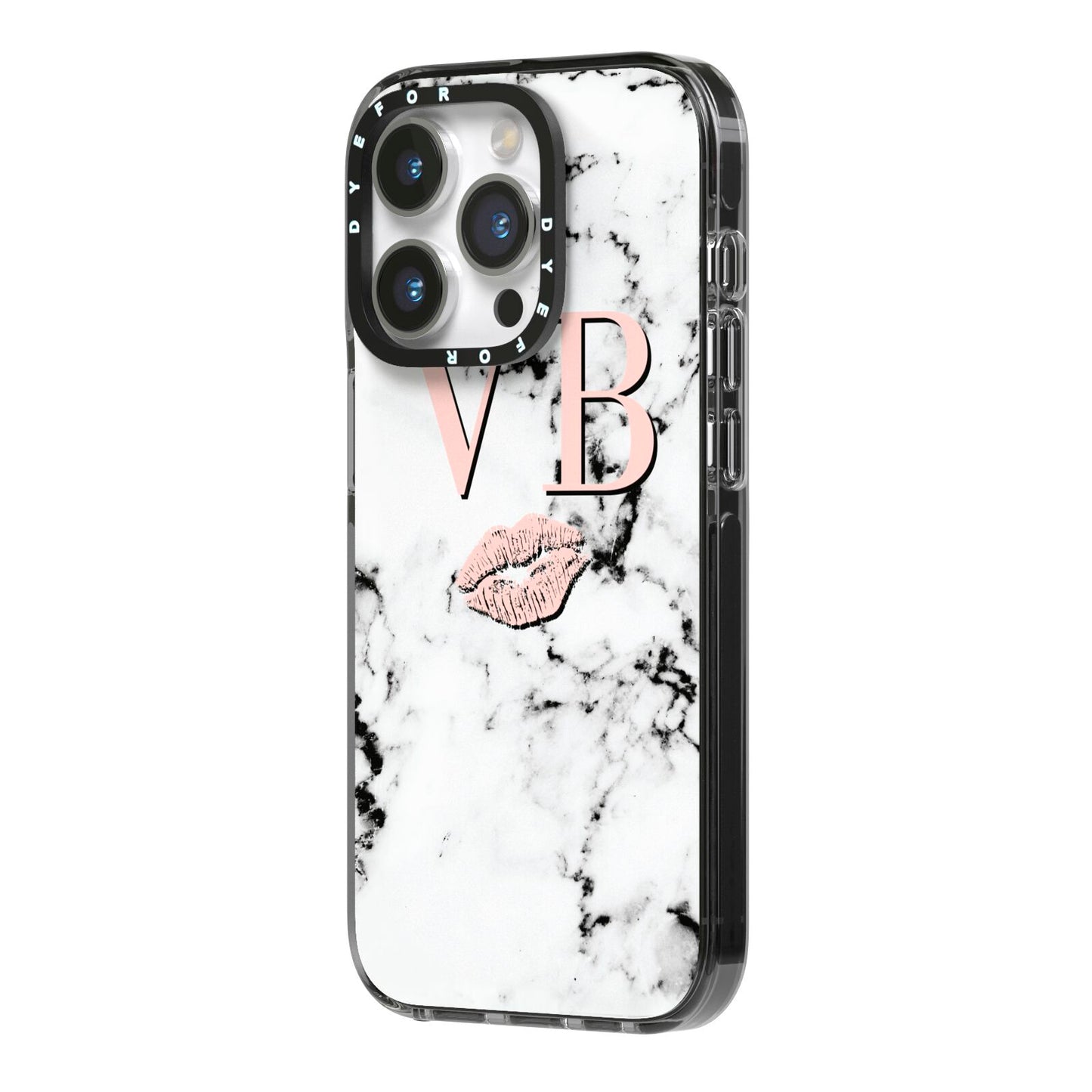 Personalised Coral Initials Lips Marble iPhone 14 Pro Black Impact Case Side Angle on Silver phone