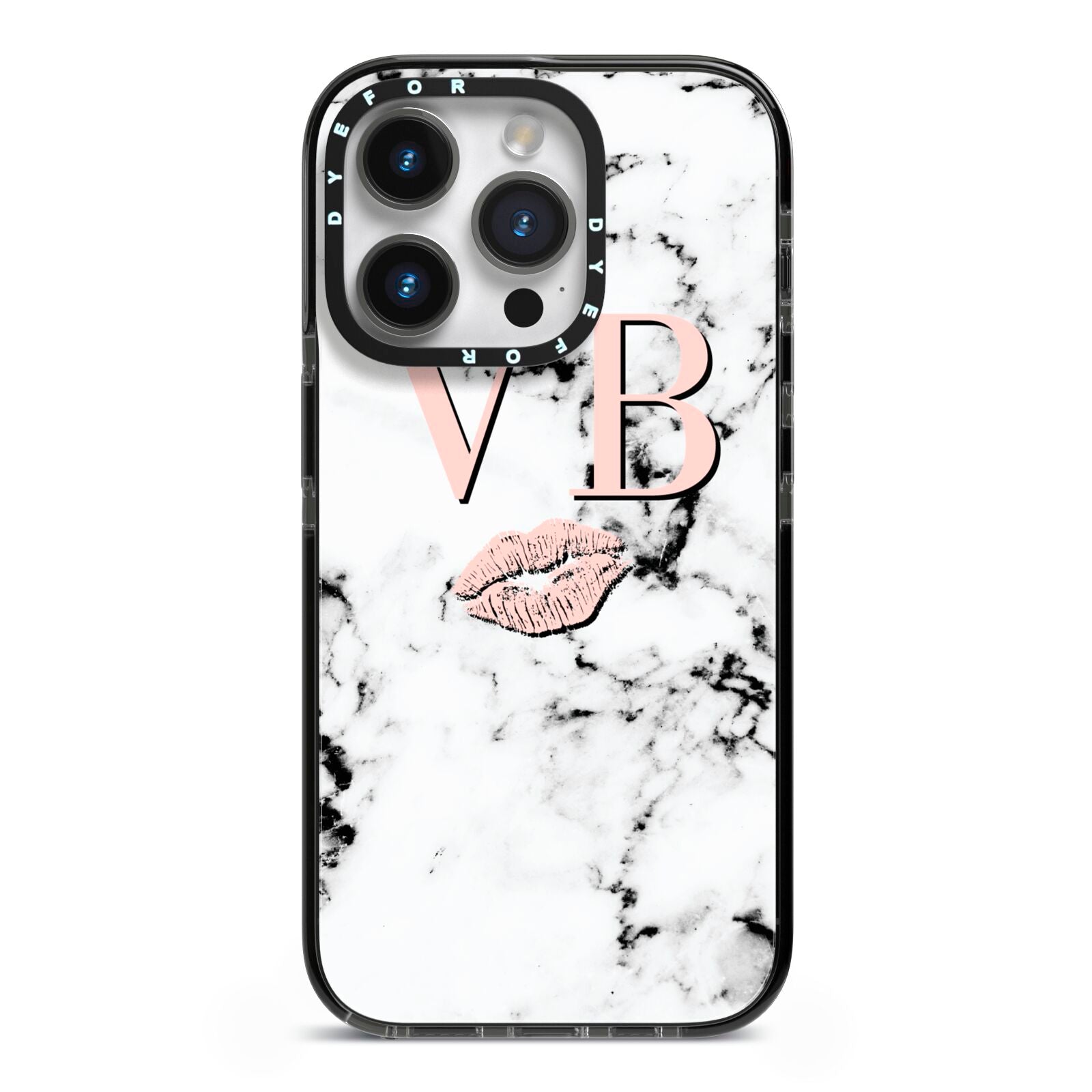 Personalised Coral Initials Lips Marble iPhone 14 Pro Black Impact Case on Silver phone