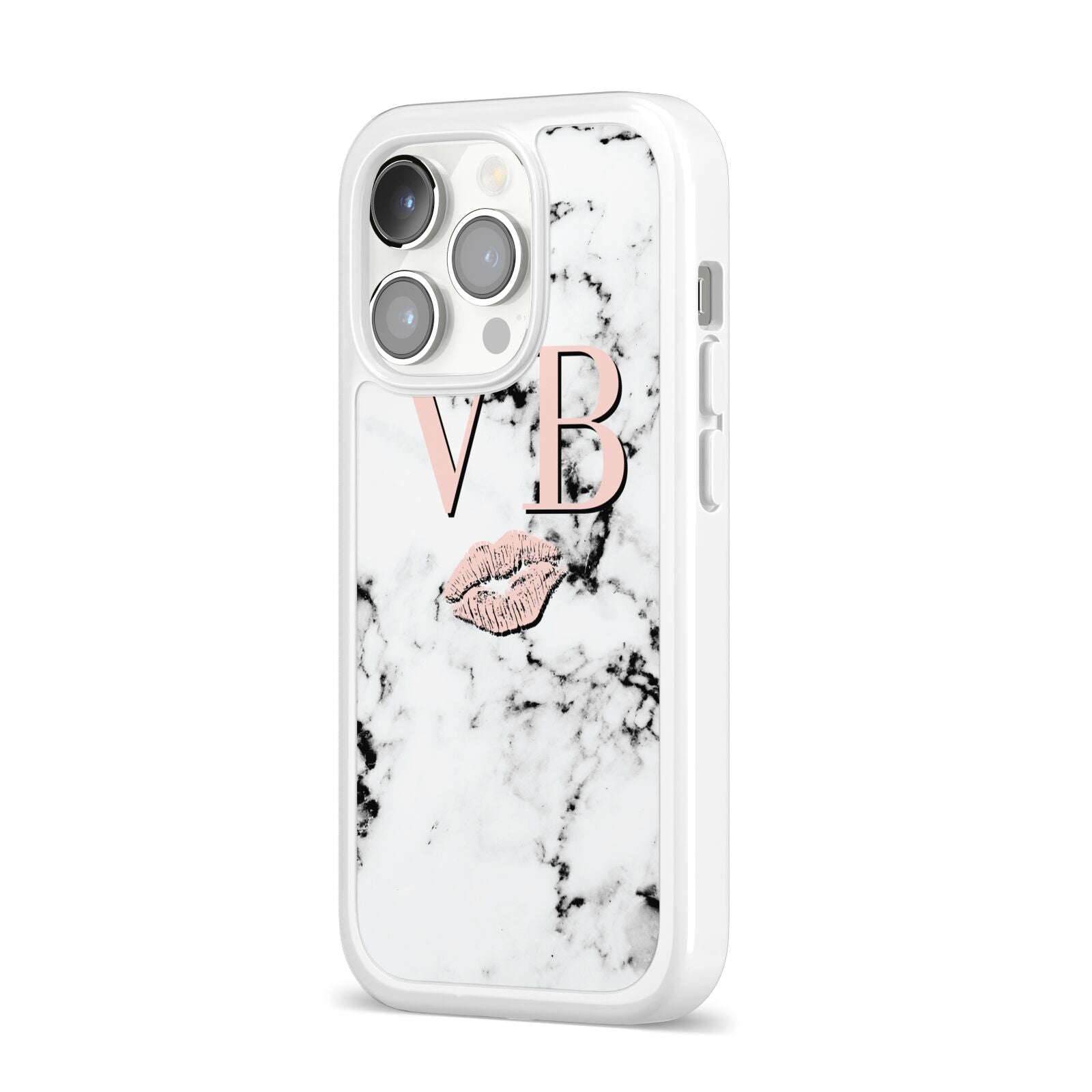Personalised Coral Initials Lips Marble iPhone 14 Pro Clear Tough Case Silver Angled Image