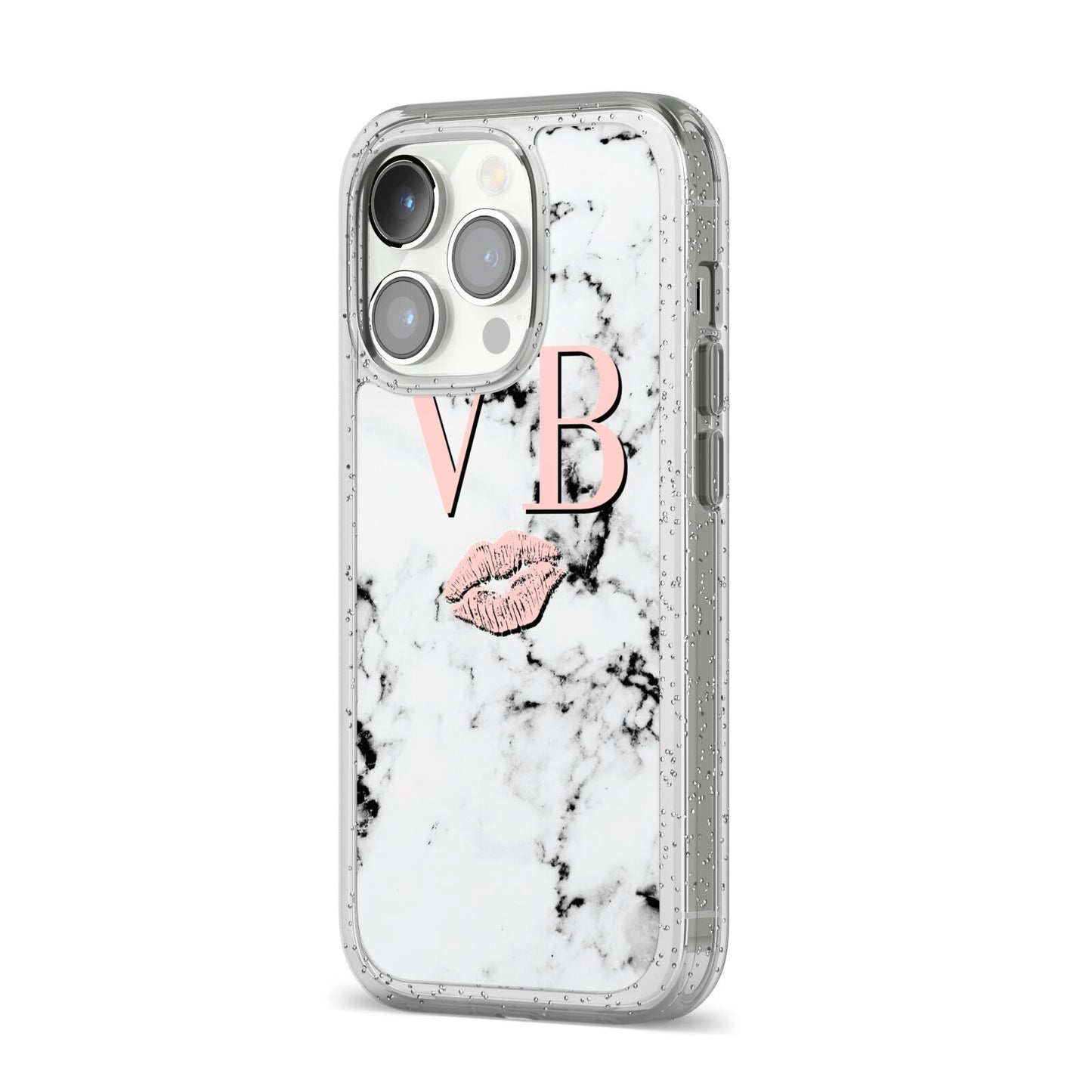 Personalised Coral Initials Lips Marble iPhone 14 Pro Glitter Tough Case Silver Angled Image