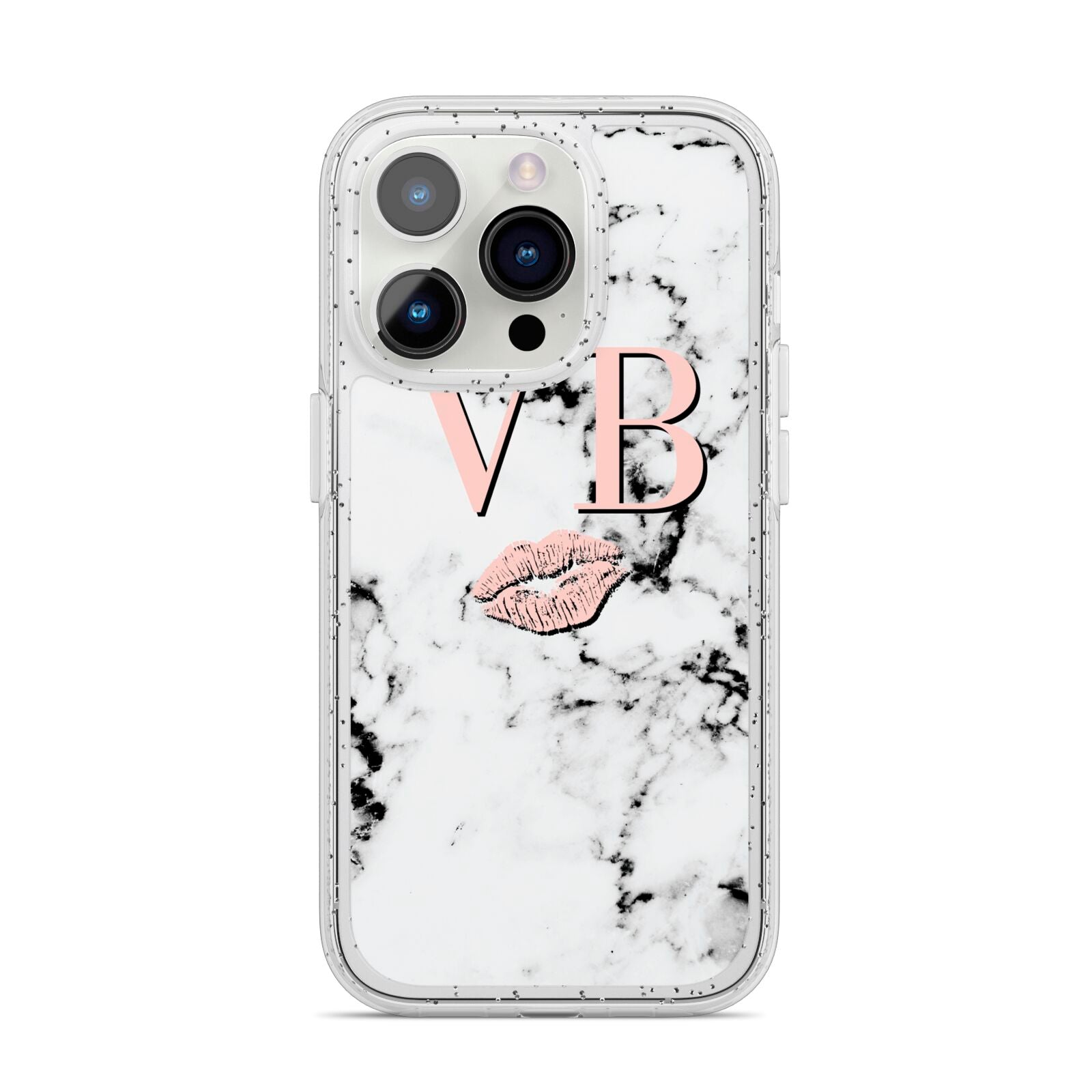 Personalised Coral Initials Lips Marble iPhone 14 Pro Glitter Tough Case Silver