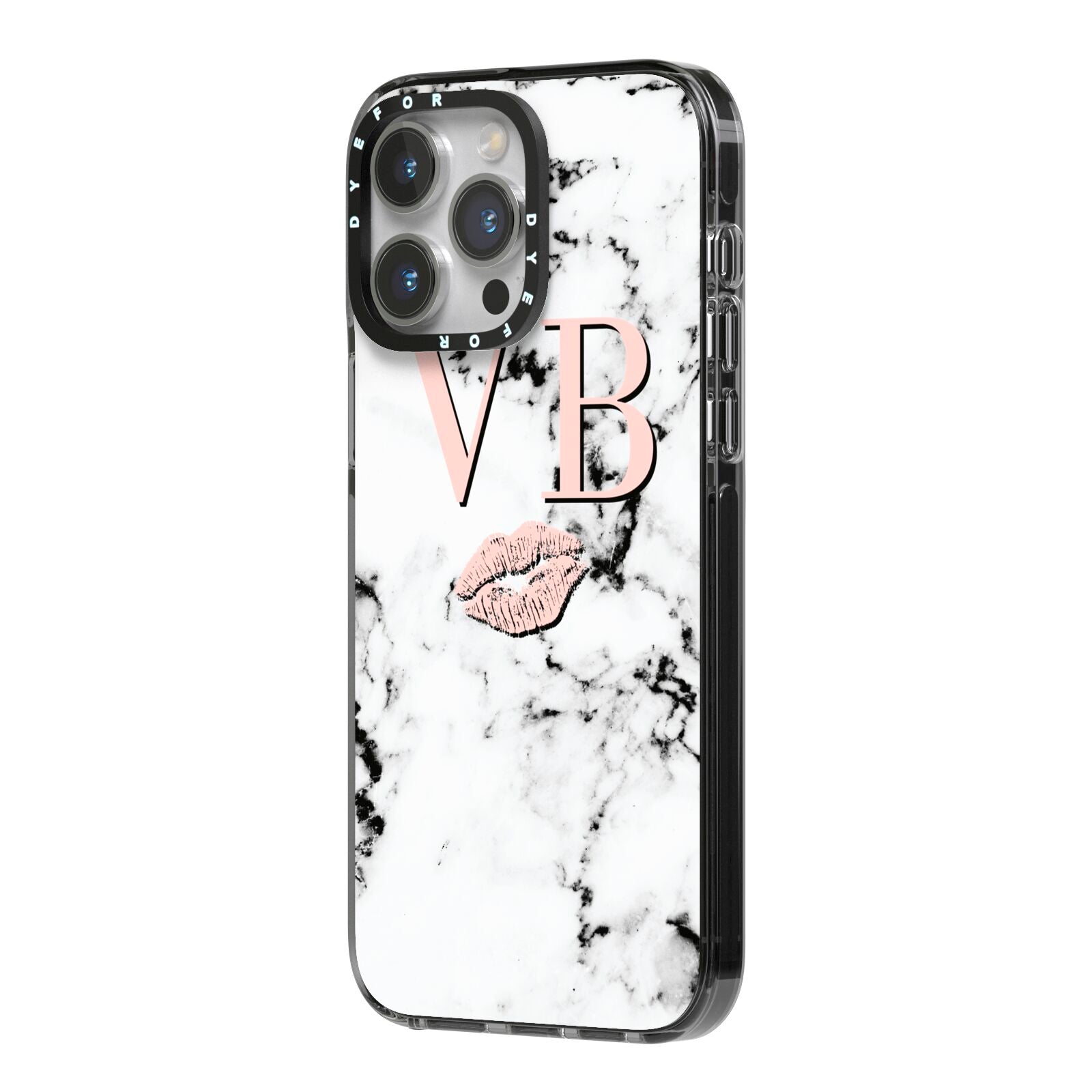 Personalised Coral Initials Lips Marble iPhone 14 Pro Max Black Impact Case Side Angle on Silver phone