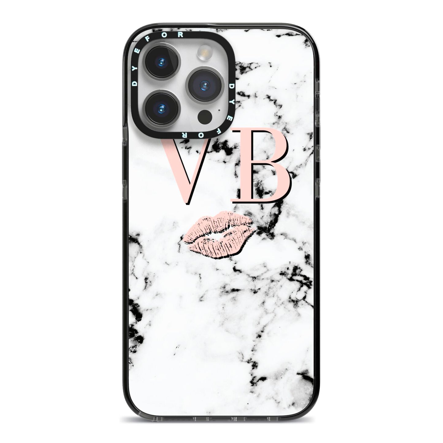 Personalised Coral Initials Lips Marble iPhone 14 Pro Max Black Impact Case on Silver phone