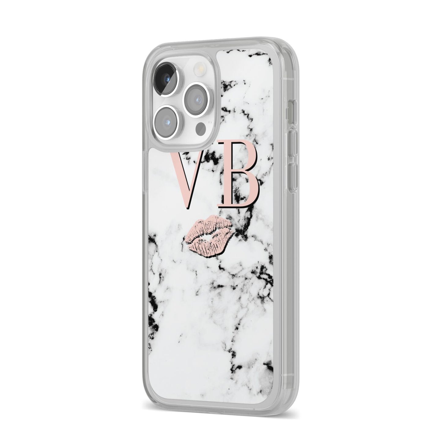 Personalised Coral Initials Lips Marble iPhone 14 Pro Max Clear Tough Case Silver Angled Image