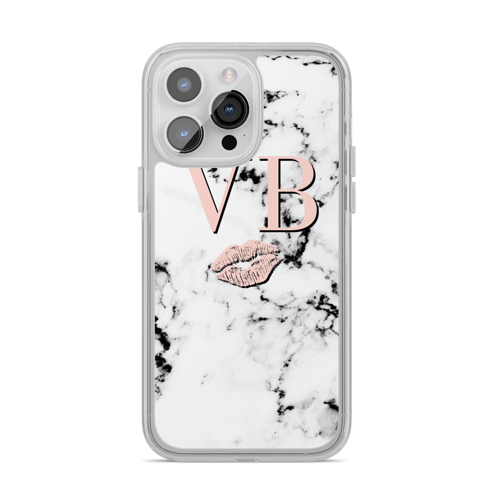 Personalised Coral Initials Lips Marble iPhone 14 Pro Max Clear Tough Case Silver