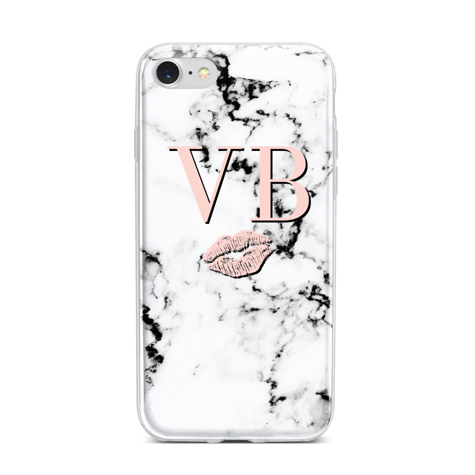 Personalised Coral Initials Lips Marble iPhone 7 Bumper Case on Silver iPhone