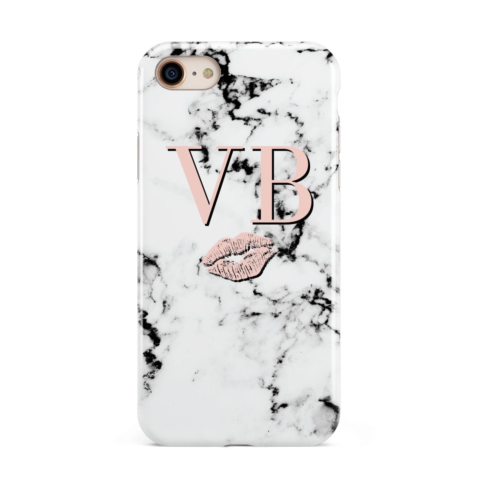 Personalised Coral Initials Lips Marble iPhone 8 3D Tough Case on Gold Phone