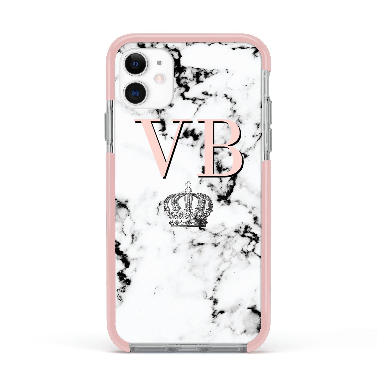 Personalised Coral Initials Marble Crown Apple iPhone 11 in White with Pink Impact Case
