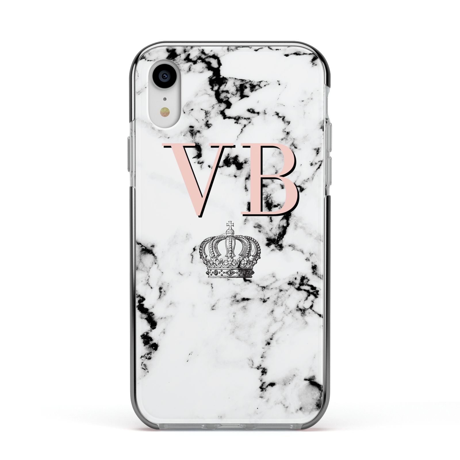 Personalised Coral Initials Marble Crown Apple iPhone XR Impact Case Black Edge on Silver Phone