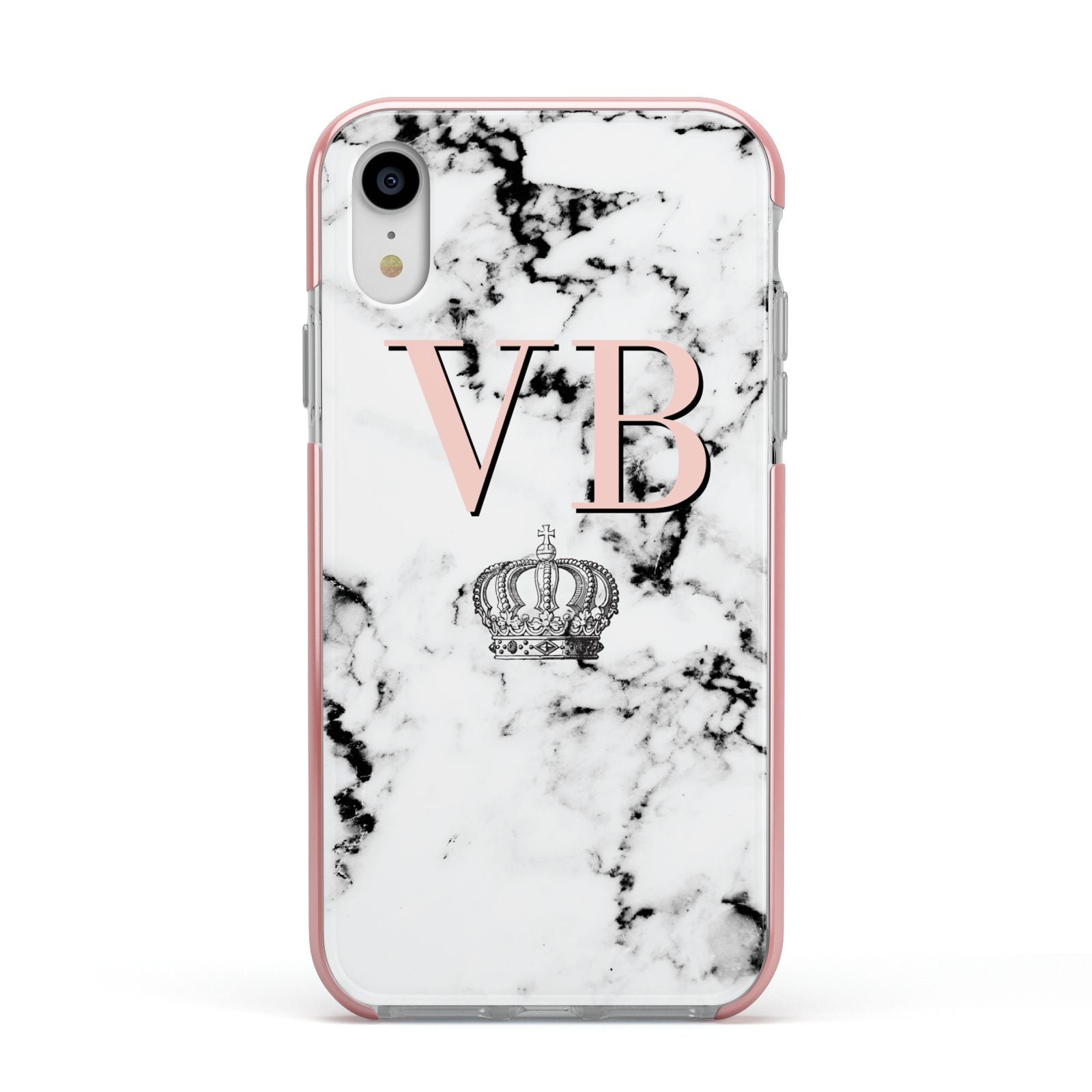 Personalised Coral Initials Marble Crown Apple iPhone XR Impact Case Pink Edge on Silver Phone