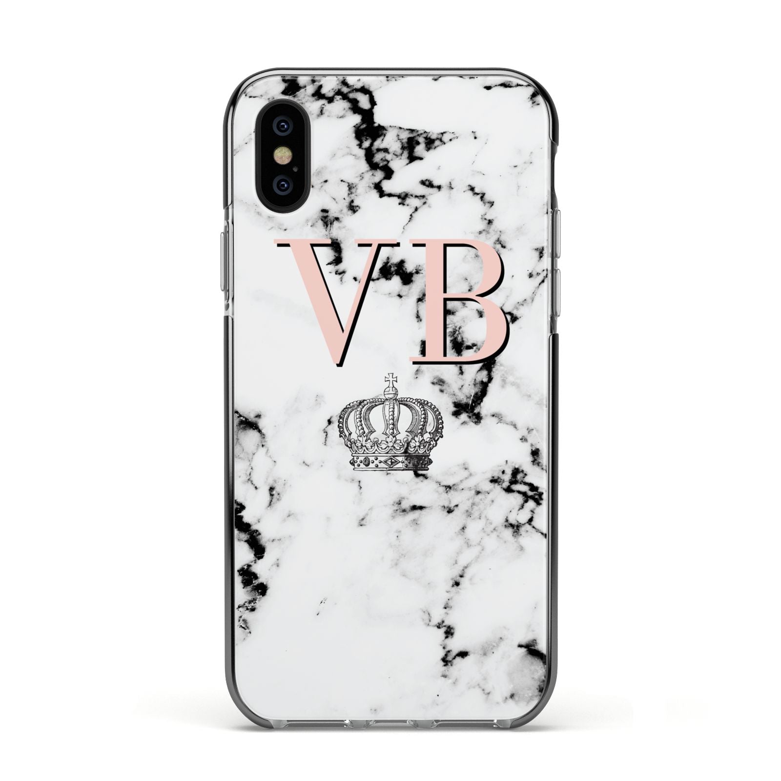Personalised Coral Initials Marble Crown Apple iPhone Xs Impact Case Black Edge on Black Phone