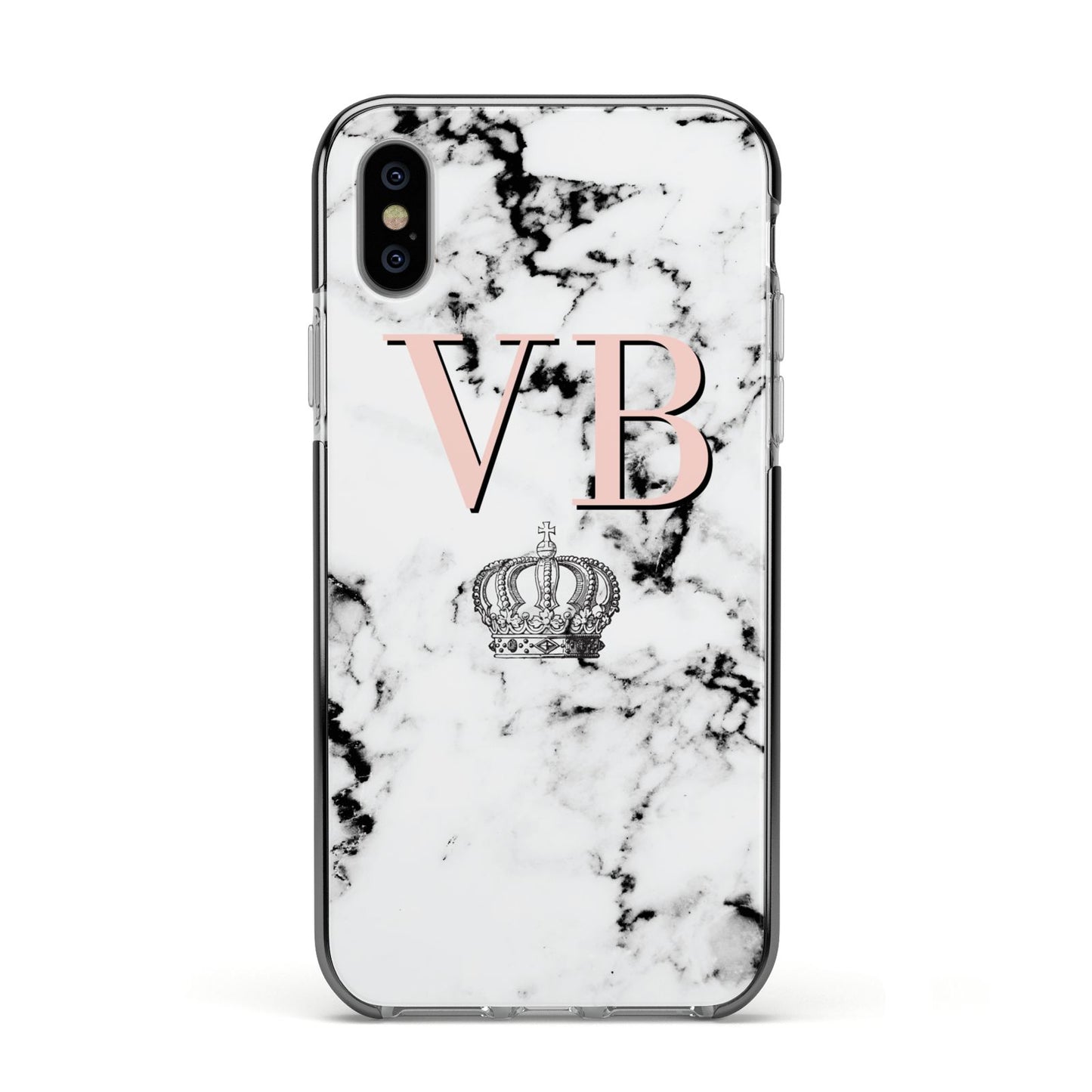 Personalised Coral Initials Marble Crown Apple iPhone Xs Impact Case Black Edge on Silver Phone