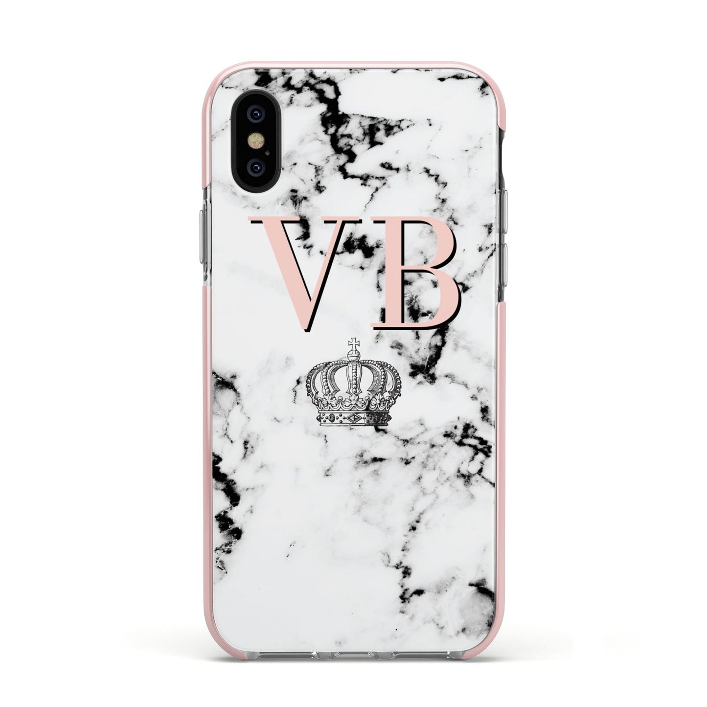 Personalised Coral Initials Marble Crown Apple iPhone Xs Impact Case Pink Edge on Black Phone
