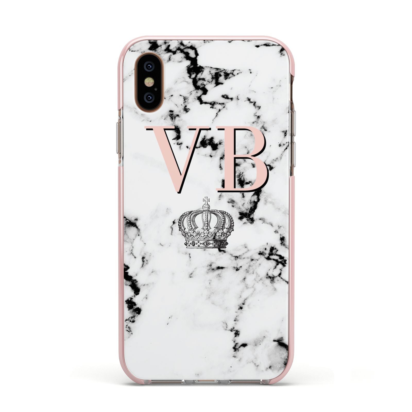 Personalised Coral Initials Marble Crown Apple iPhone Xs Impact Case Pink Edge on Gold Phone
