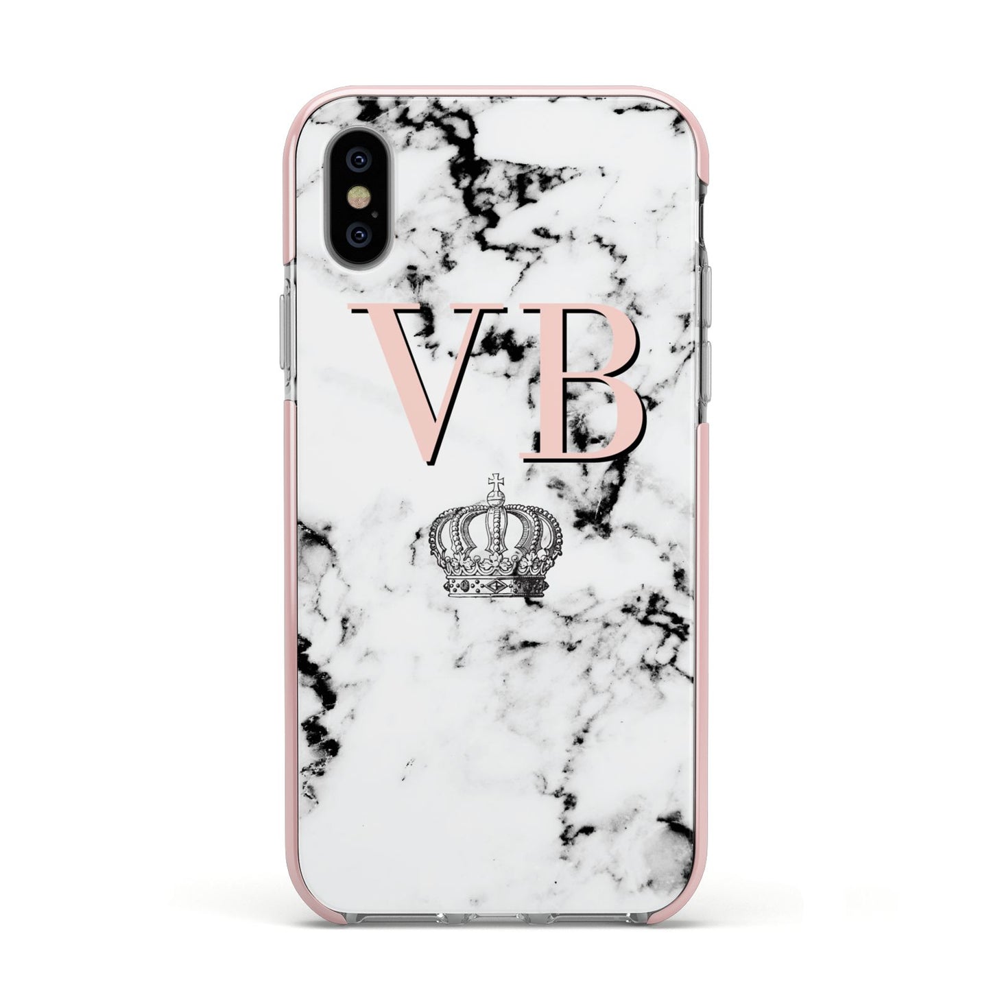 Personalised Coral Initials Marble Crown Apple iPhone Xs Impact Case Pink Edge on Silver Phone