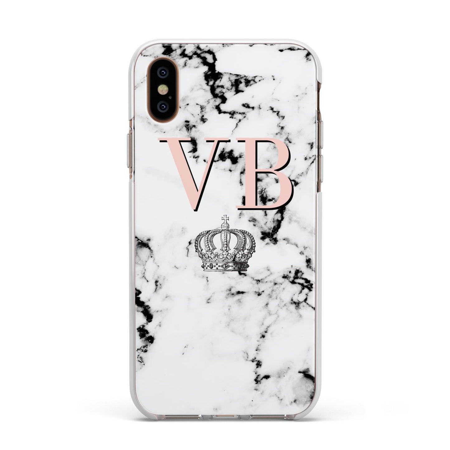 Personalised Coral Initials Marble Crown Apple iPhone Xs Impact Case White Edge on Gold Phone