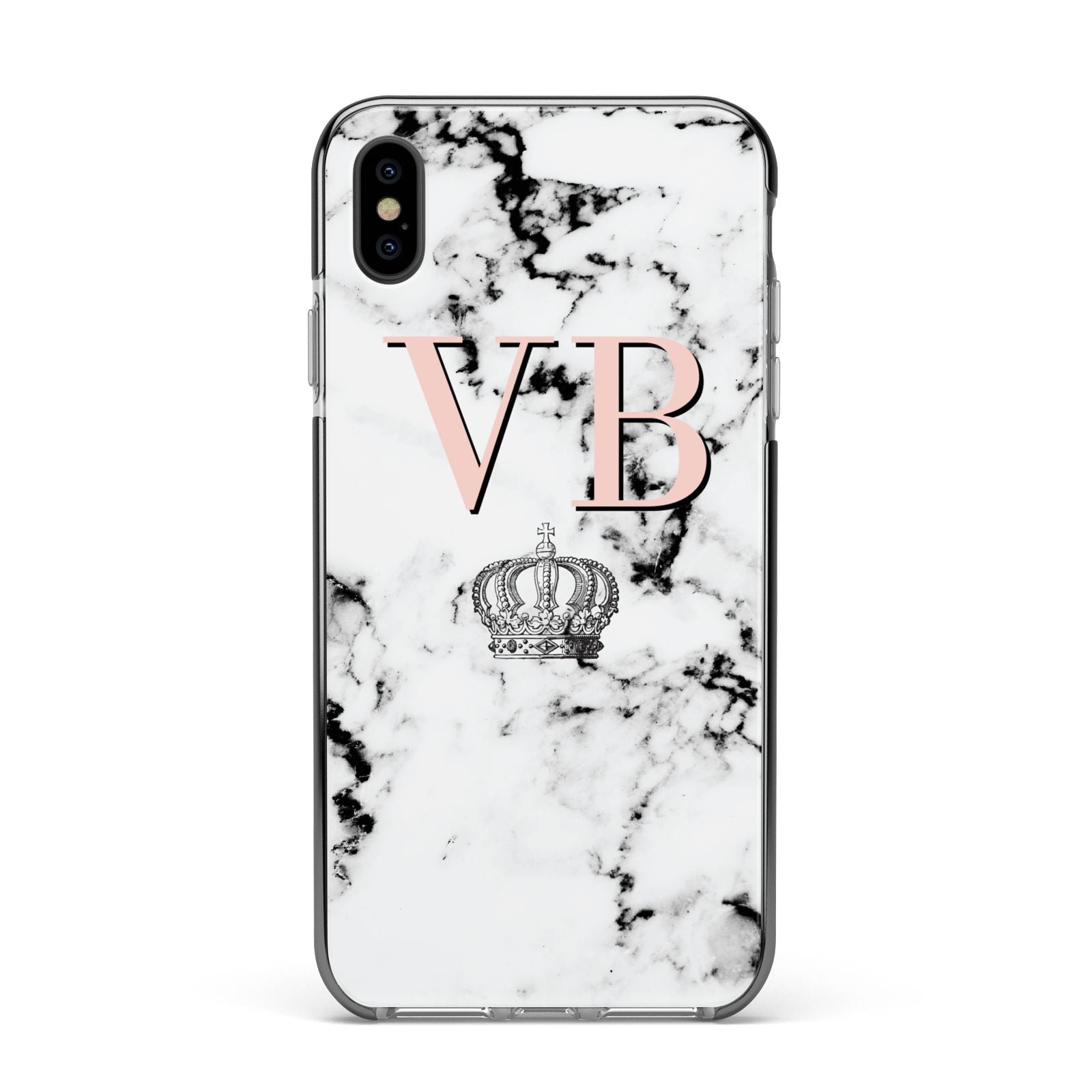 Personalised Coral Initials Marble Crown Apple iPhone Xs Max Impact Case Black Edge on Black Phone