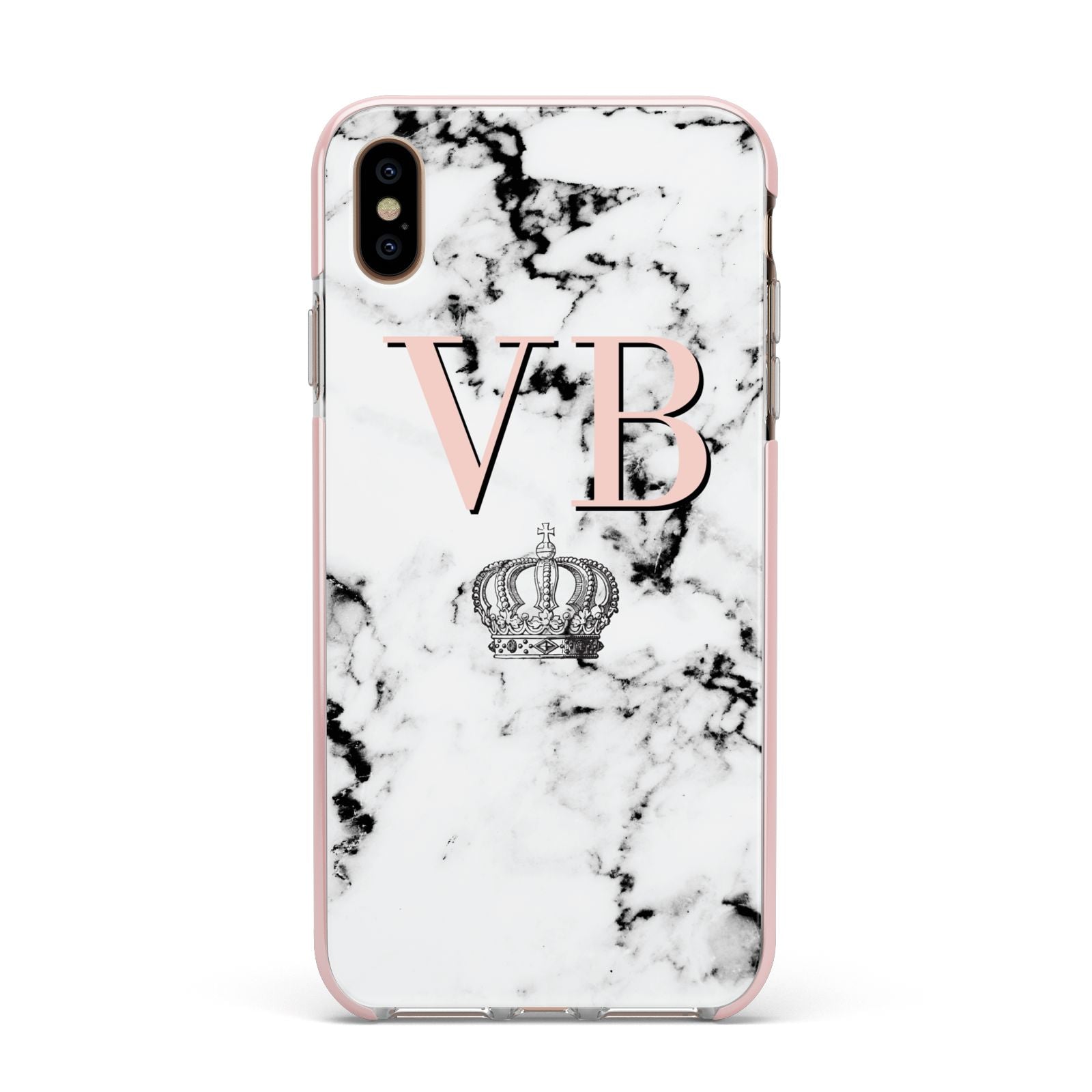 Personalised Coral Initials Marble Crown Apple iPhone Xs Max Impact Case Pink Edge on Gold Phone