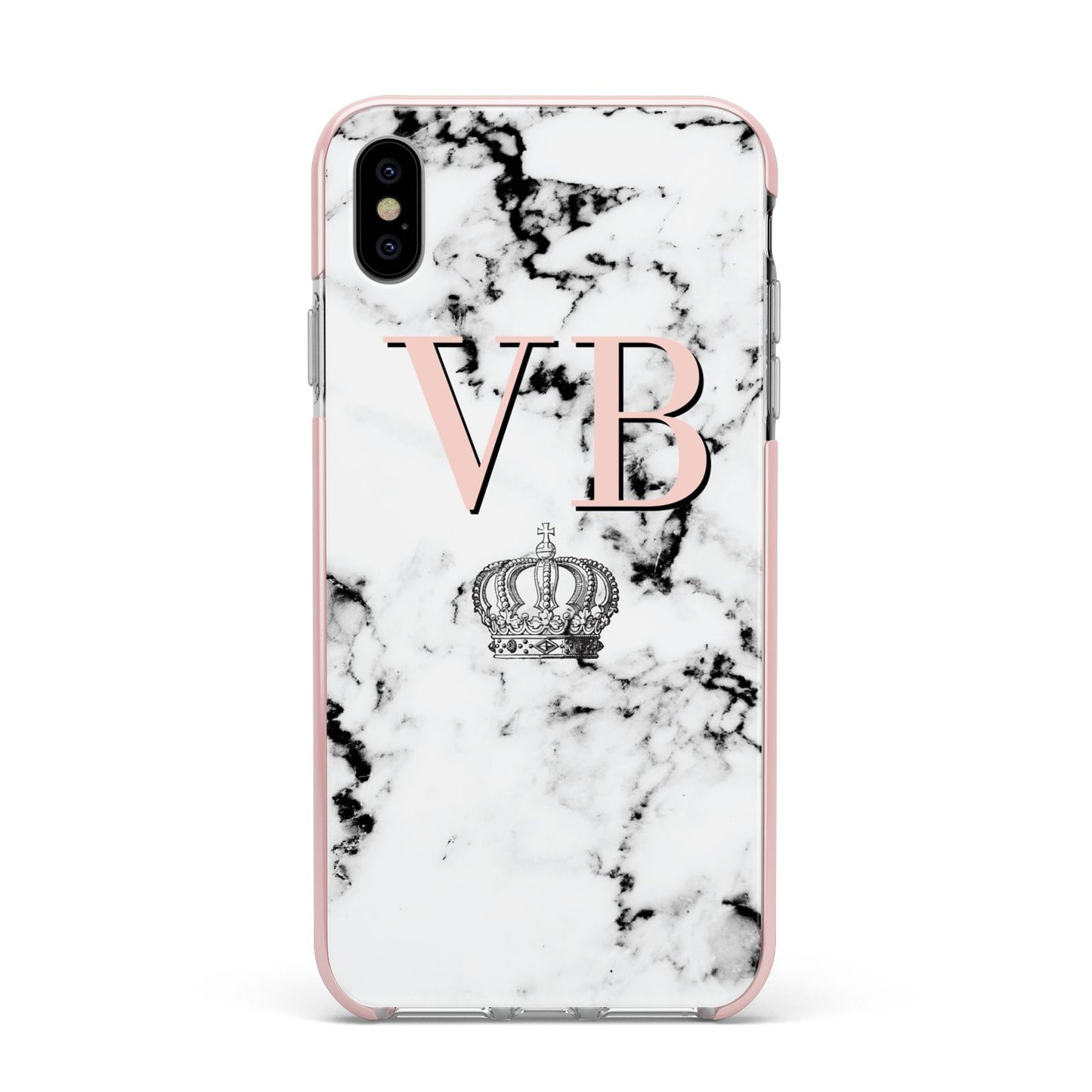 Personalised Coral Initials Marble Crown Apple iPhone Xs Max Impact Case Pink Edge on Silver Phone