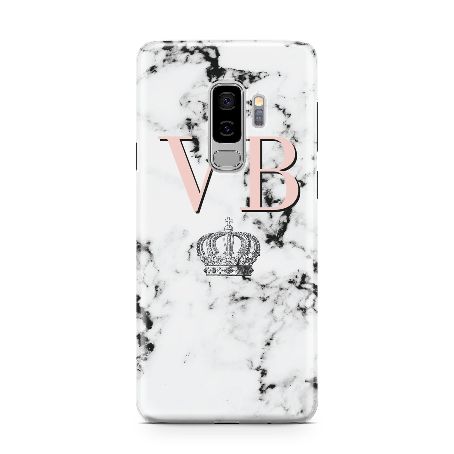 Personalised Coral Initials Marble Crown Samsung Galaxy S9 Plus Case on Silver phone