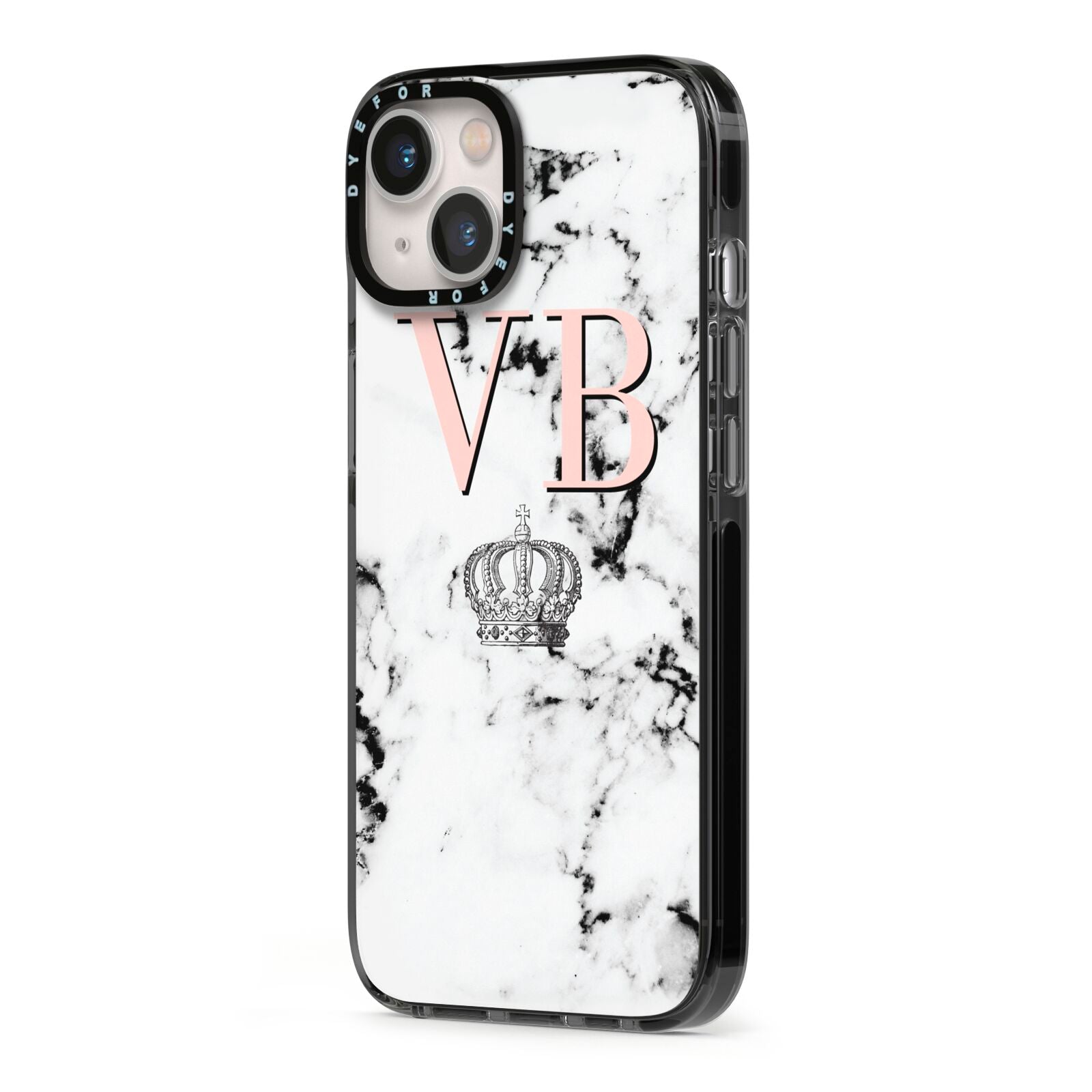 Personalised Coral Initials Marble Crown iPhone 13 Black Impact Case Side Angle on Silver phone