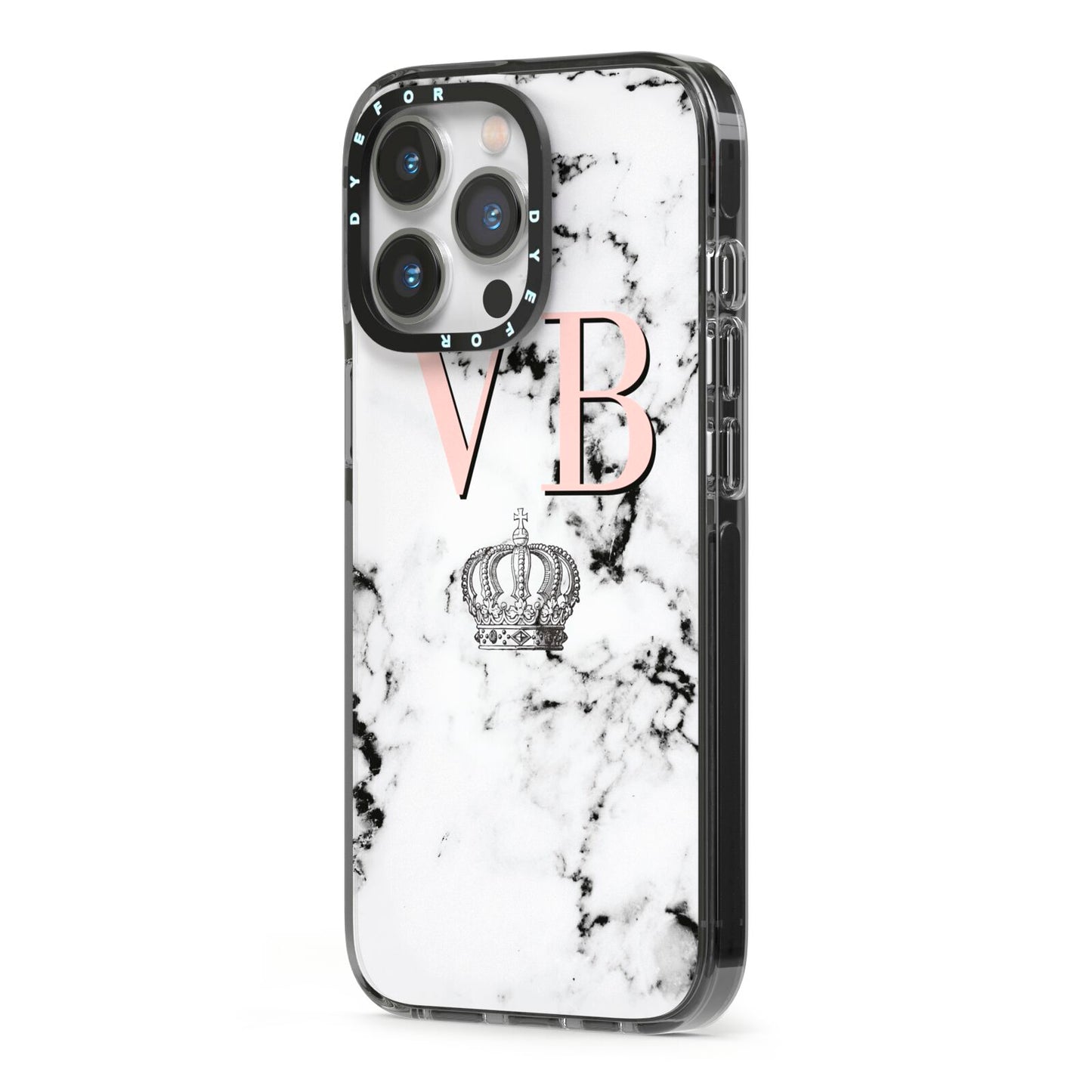 Personalised Coral Initials Marble Crown iPhone 13 Pro Black Impact Case Side Angle on Silver phone