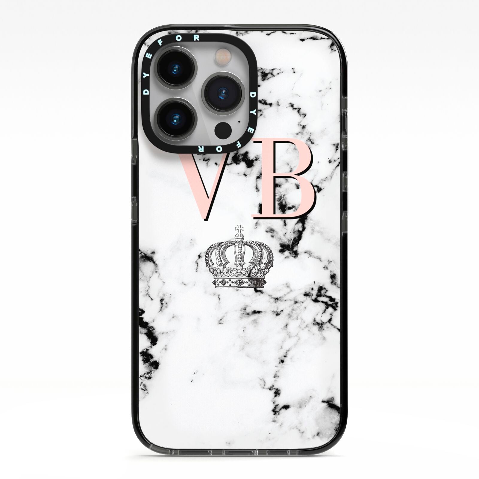 Personalised Coral Initials Marble Crown iPhone 13 Pro Black Impact Case on Silver phone