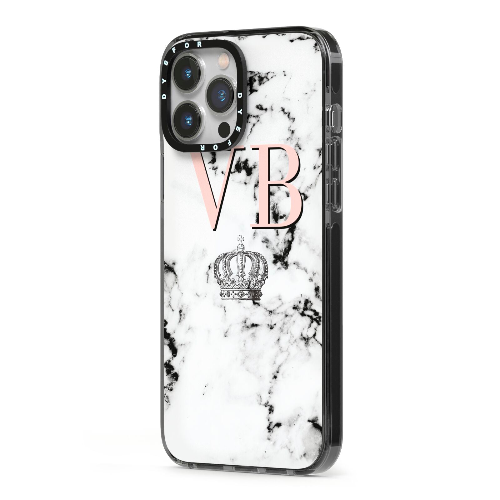 Personalised Coral Initials Marble Crown iPhone 13 Pro Max Black Impact Case Side Angle on Silver phone
