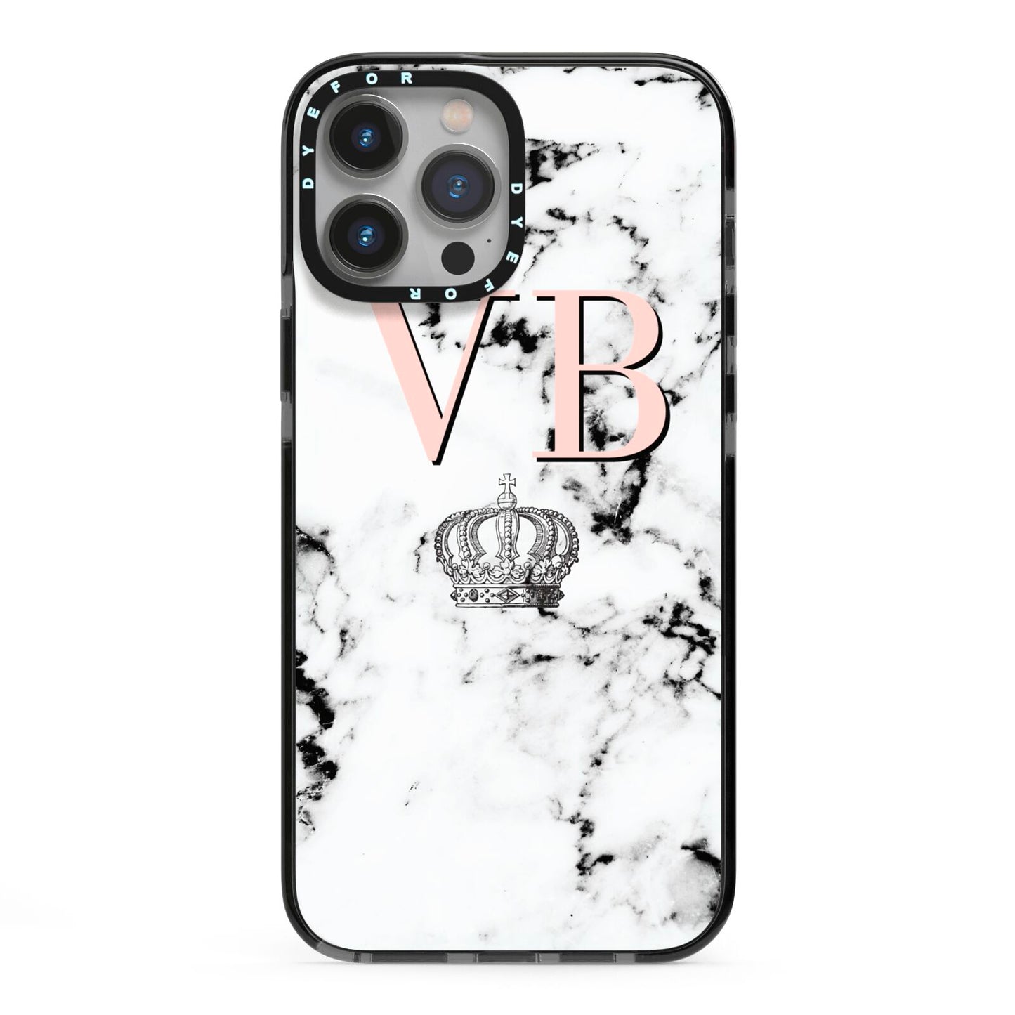 Personalised Coral Initials Marble Crown iPhone 13 Pro Max Black Impact Case on Silver phone