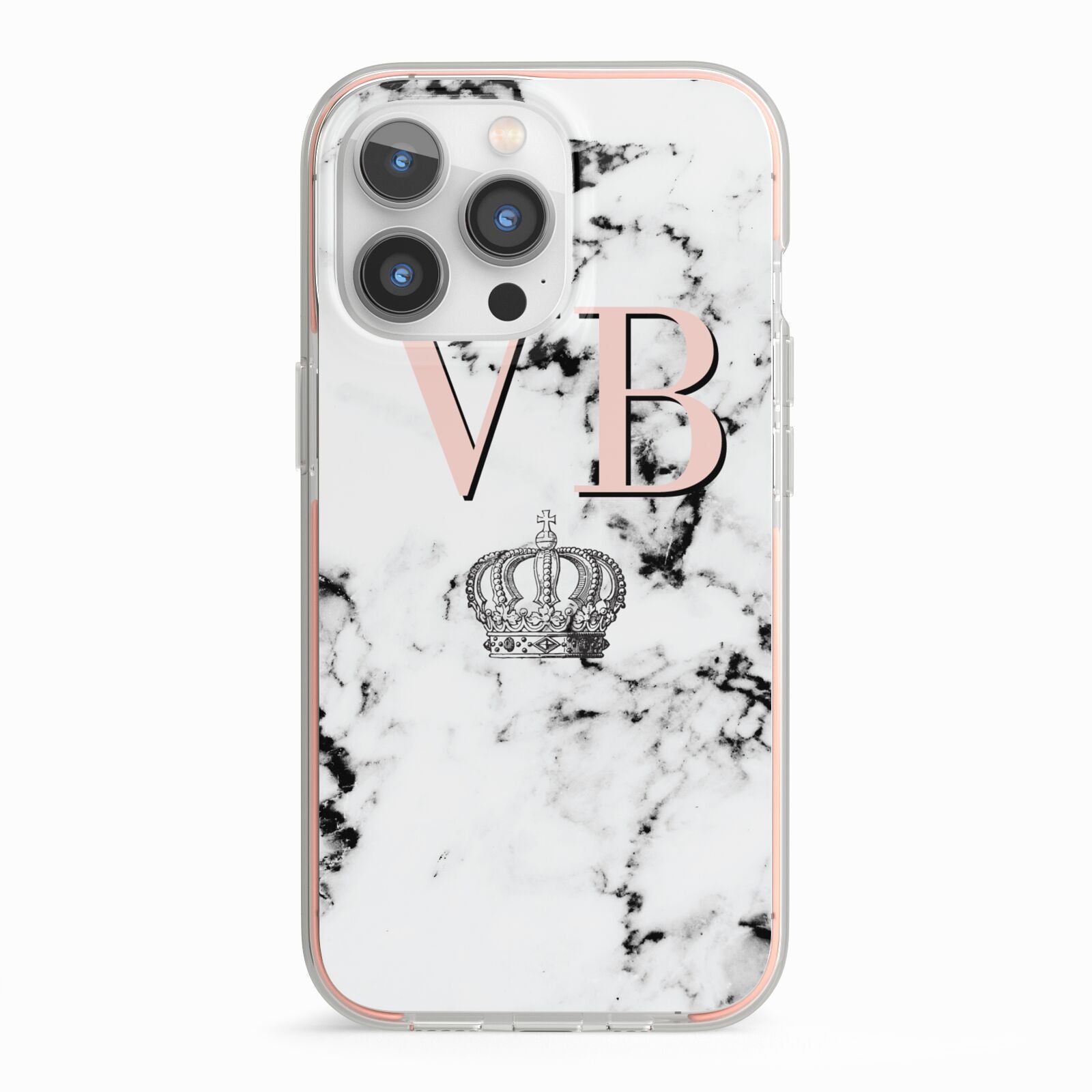 Personalised Coral Initials Marble Crown iPhone 13 Pro TPU Impact Case with Pink Edges