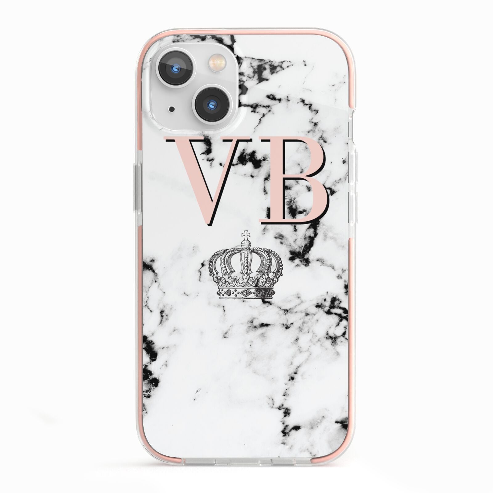 Personalised Coral Initials Marble Crown iPhone 13 TPU Impact Case with Pink Edges
