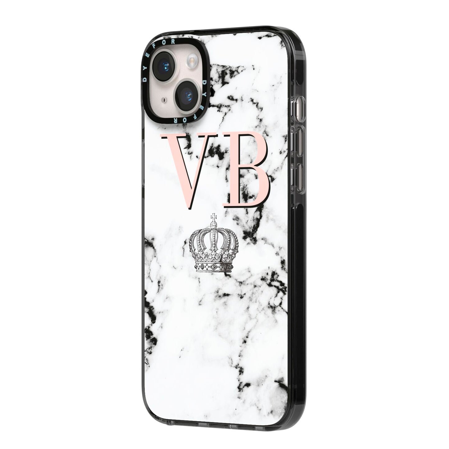 Personalised Coral Initials Marble Crown iPhone 14 Plus Black Impact Case Side Angle on Silver phone