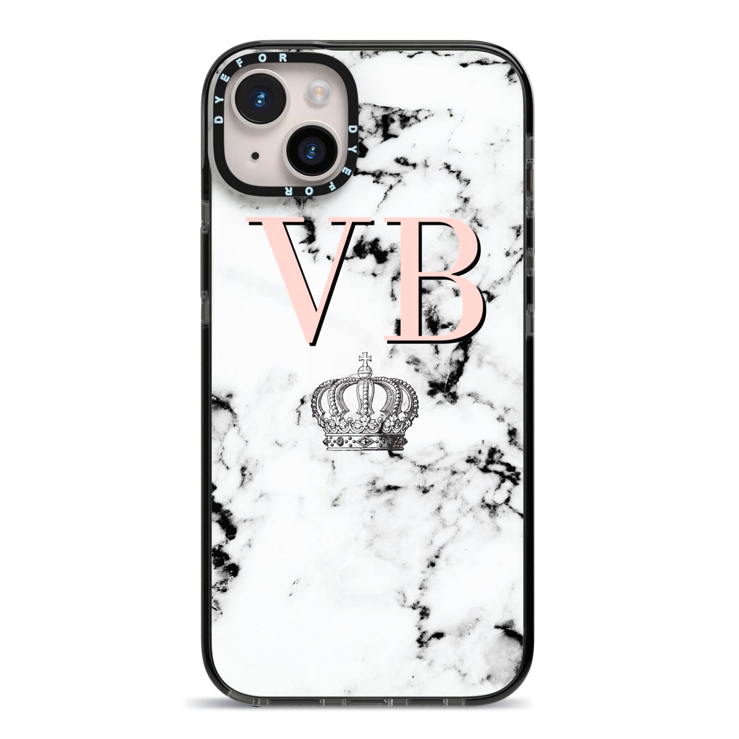Personalised Coral Initials Marble Crown iPhone 14 Plus Black Impact Case on Silver phone