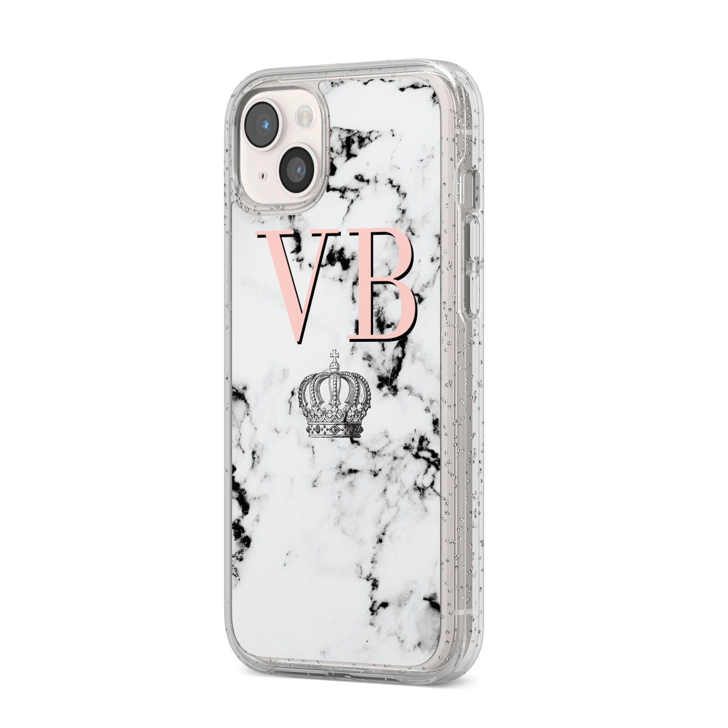 Personalised Coral Initials Marble Crown iPhone 14 Plus Glitter Tough Case Starlight Angled Image