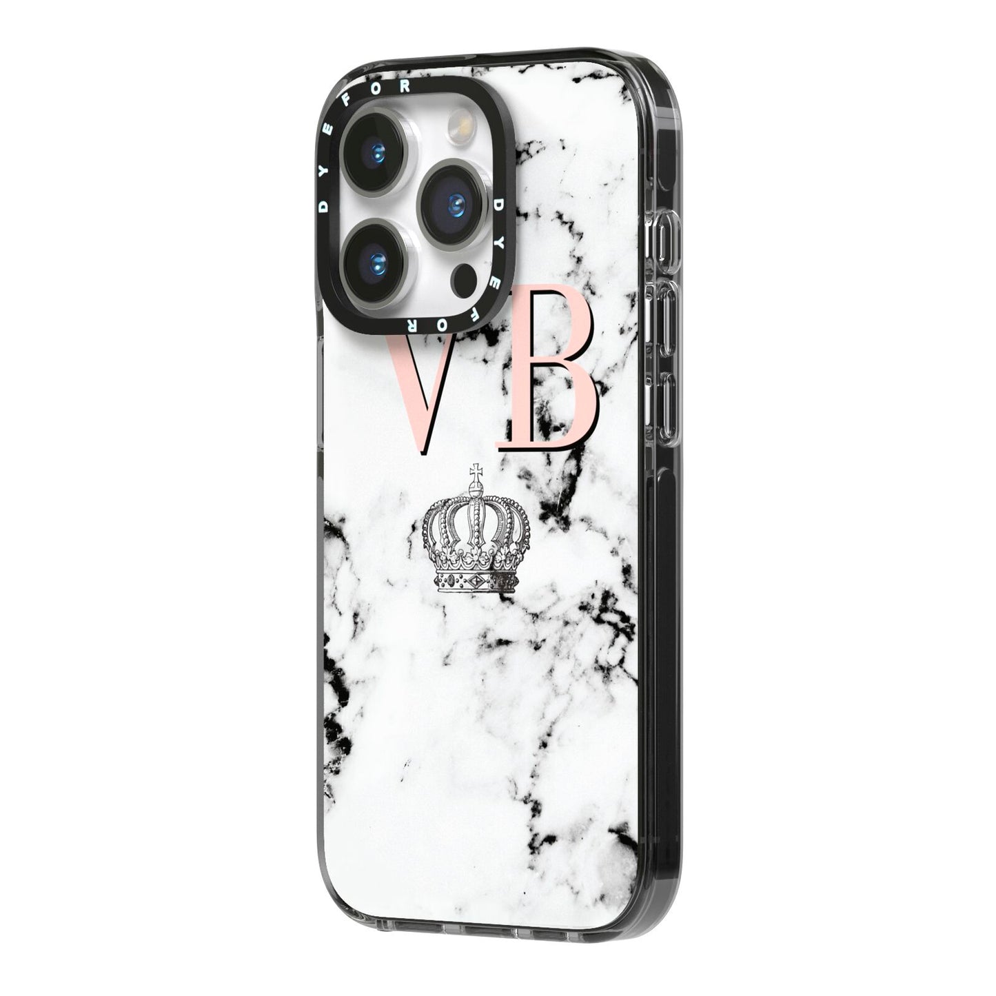 Personalised Coral Initials Marble Crown iPhone 14 Pro Black Impact Case Side Angle on Silver phone