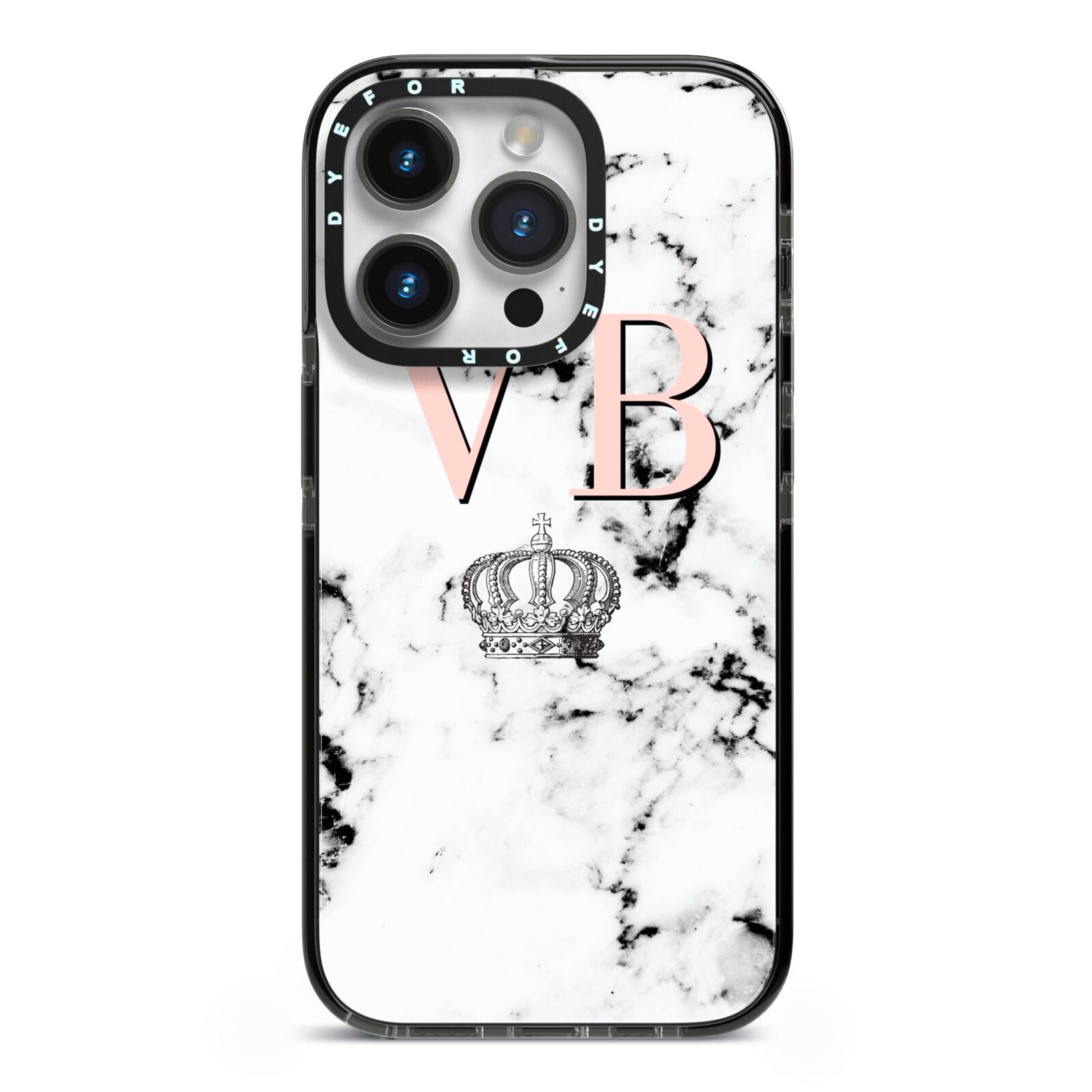 Personalised Coral Initials Marble Crown iPhone 14 Pro Black Impact Case on Silver phone