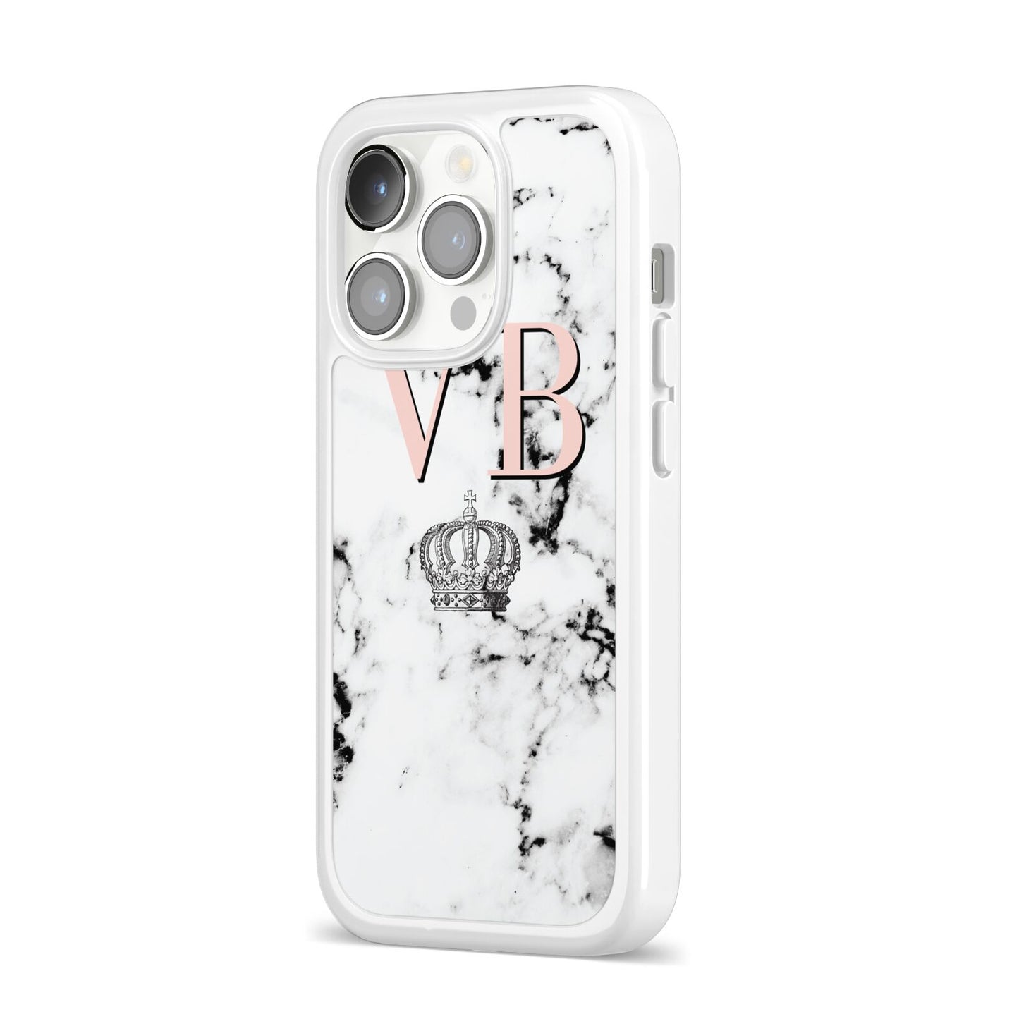 Personalised Coral Initials Marble Crown iPhone 14 Pro Clear Tough Case Silver Angled Image
