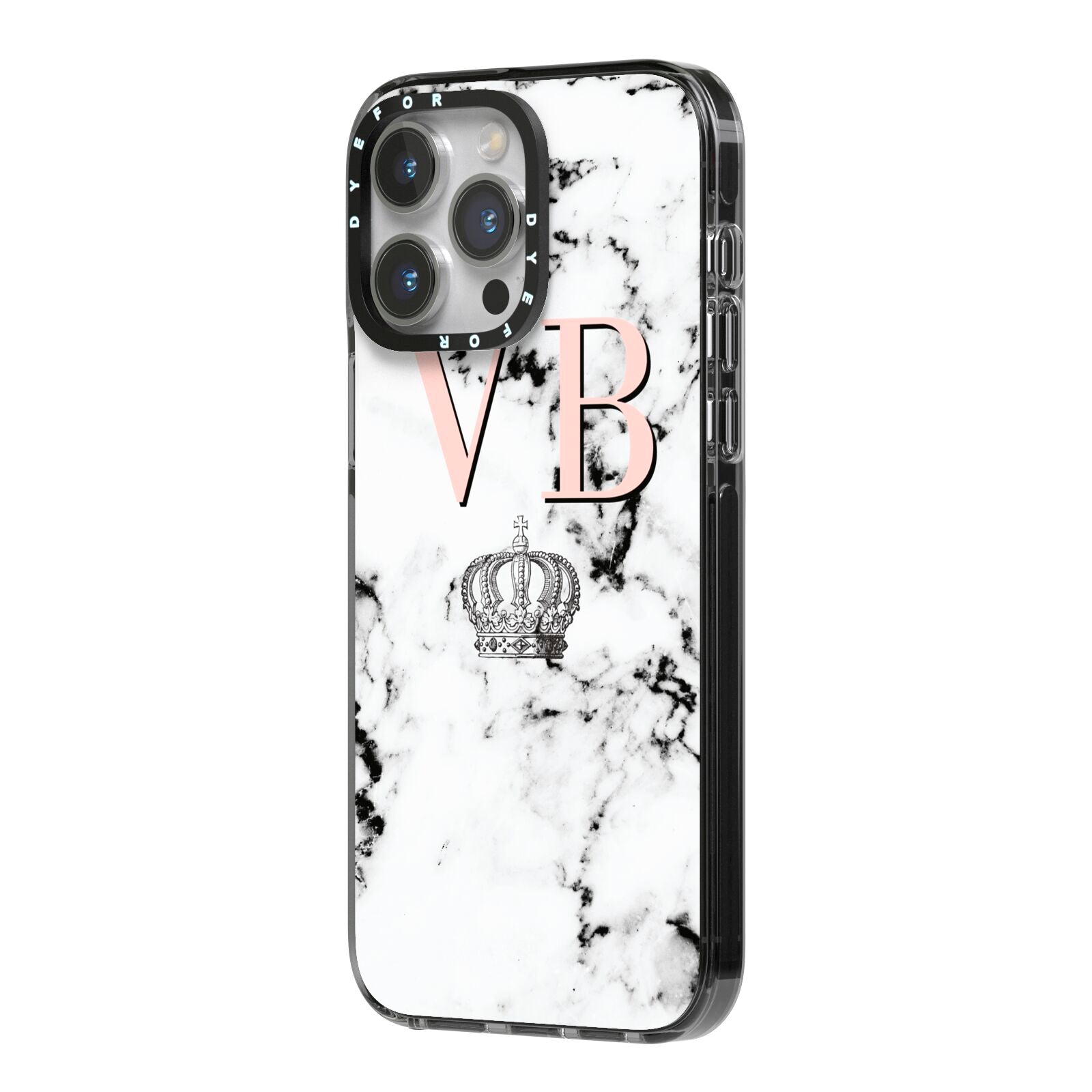 Personalised Coral Initials Marble Crown iPhone 14 Pro Max Black Impact Case Side Angle on Silver phone