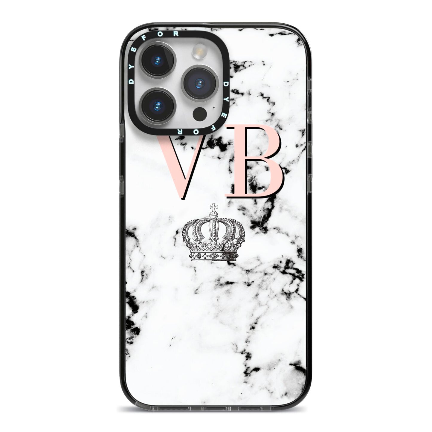 Personalised Coral Initials Marble Crown iPhone 14 Pro Max Black Impact Case on Silver phone
