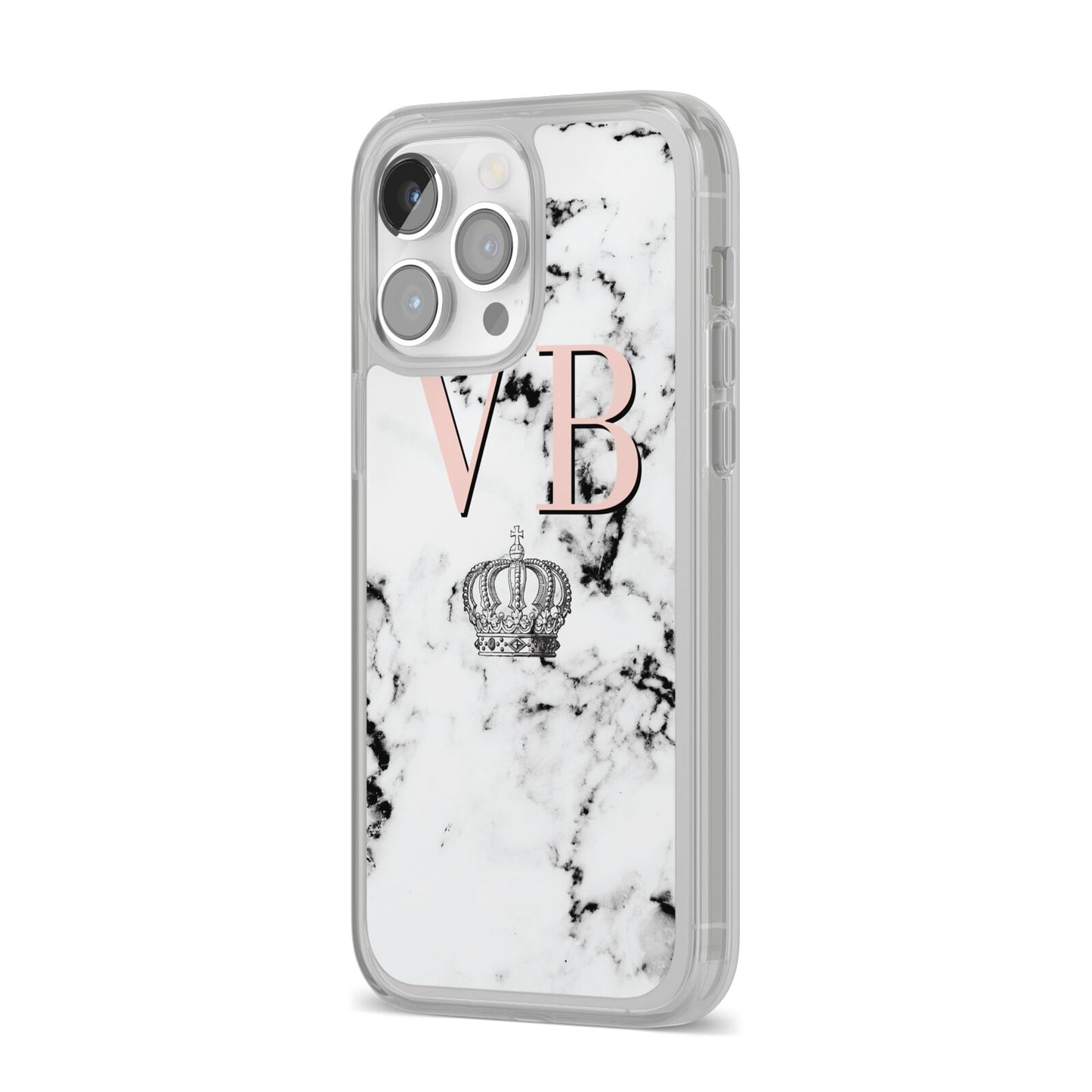Personalised Coral Initials Marble Crown iPhone 14 Pro Max Clear Tough Case Silver Angled Image