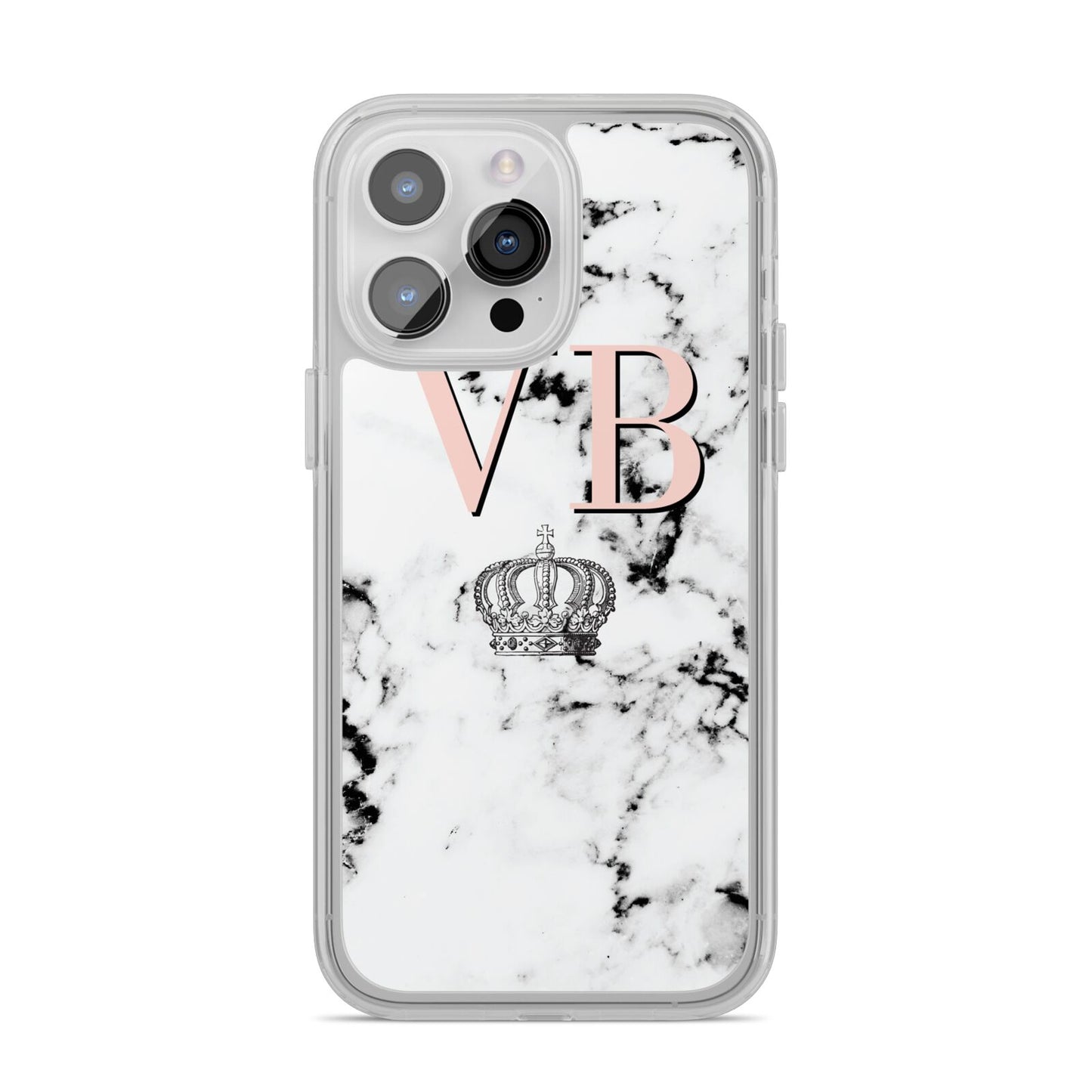 Personalised Coral Initials Marble Crown iPhone 14 Pro Max Clear Tough Case Silver