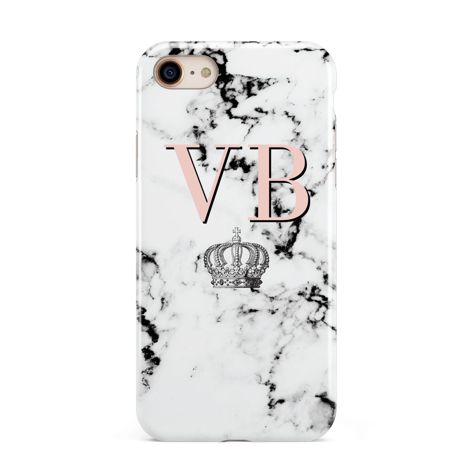 Personalised Coral Initials Marble Crown iPhone 8 3D Tough Case on Gold Phone