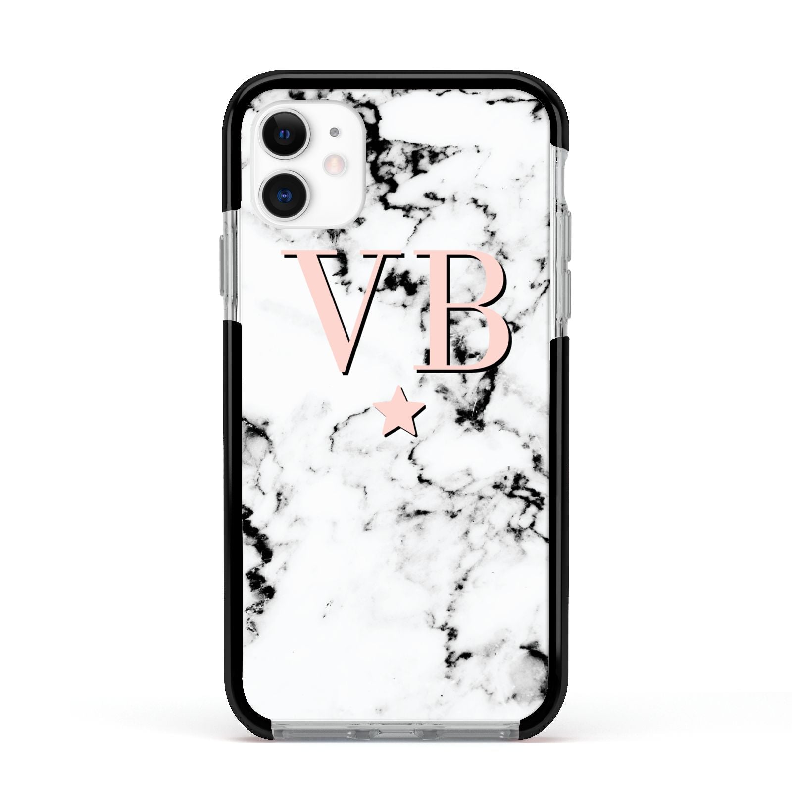Personalised Coral Initials Star Marble Apple iPhone 11 in White with Black Impact Case