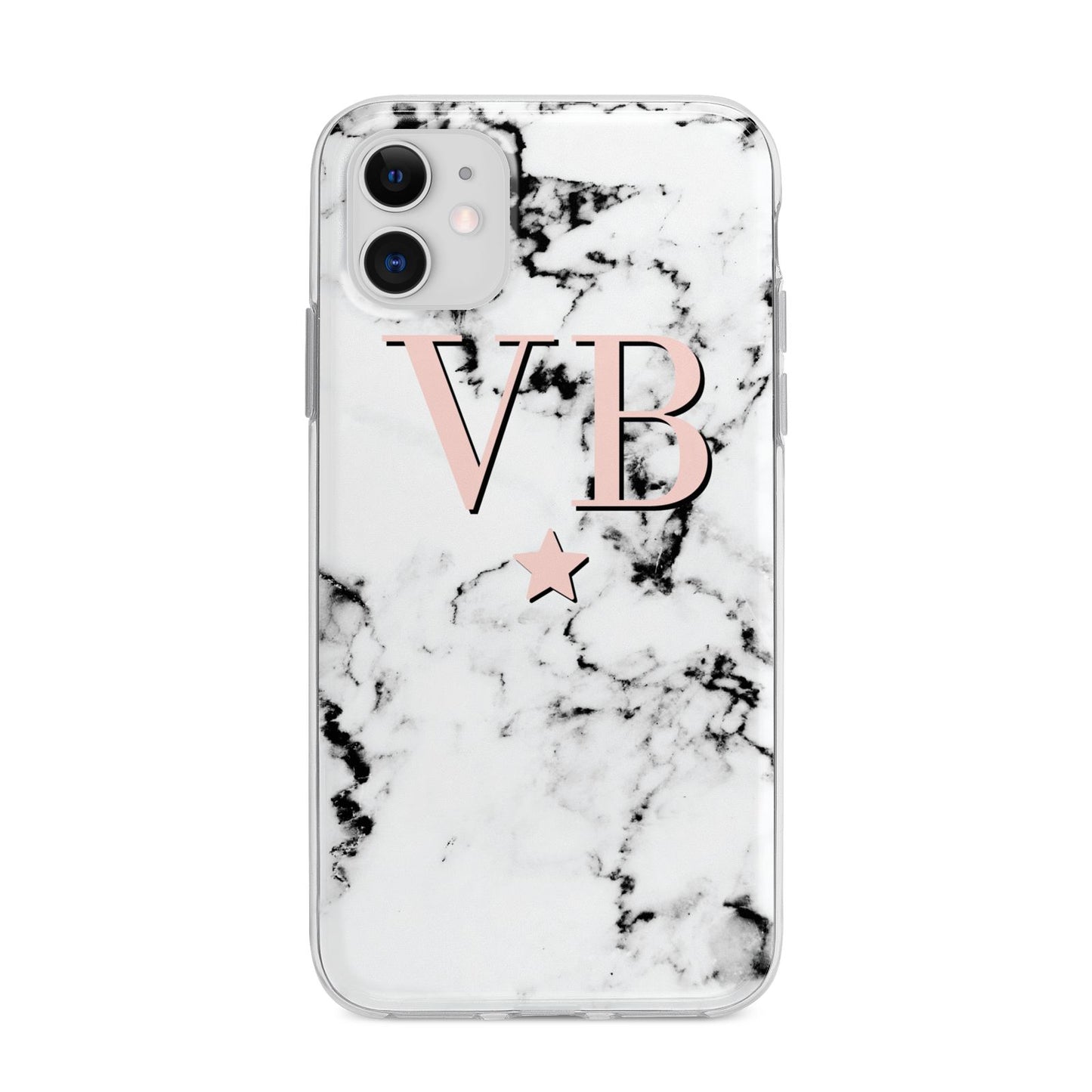 Personalised Coral Initials Star Marble Apple iPhone 11 in White with Bumper Case