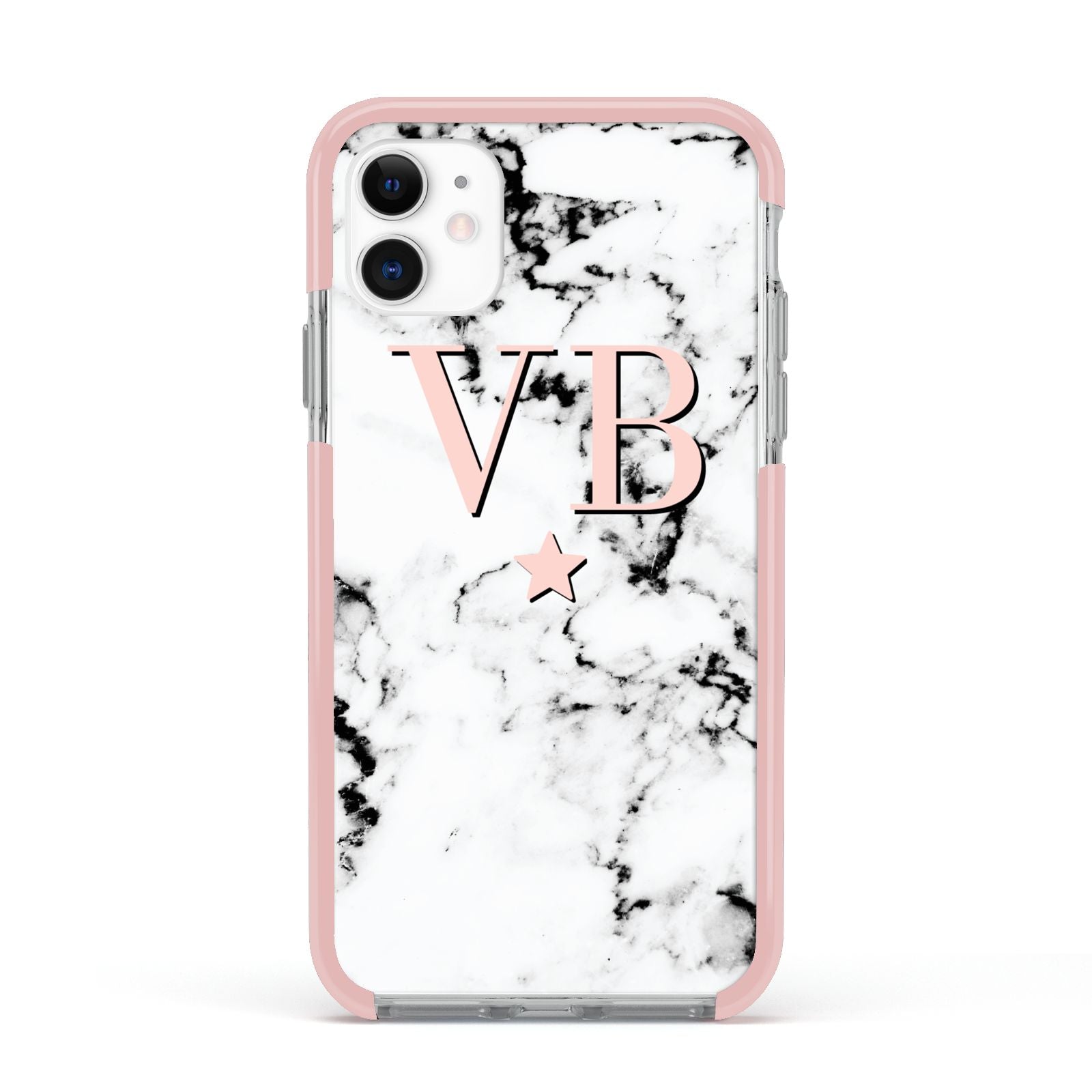 Personalised Coral Initials Star Marble Apple iPhone 11 in White with Pink Impact Case