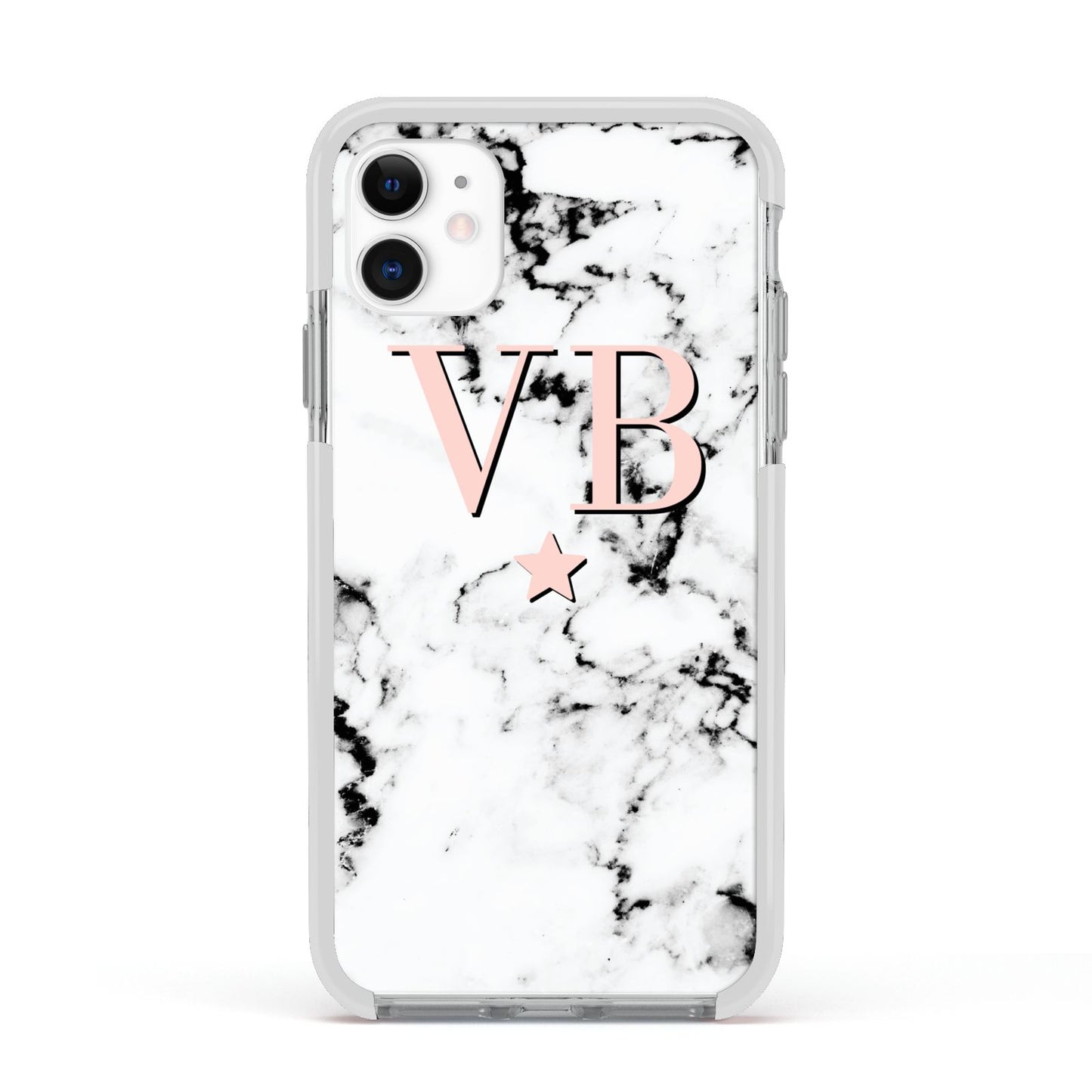 Personalised Coral Initials Star Marble Apple iPhone 11 in White with White Impact Case