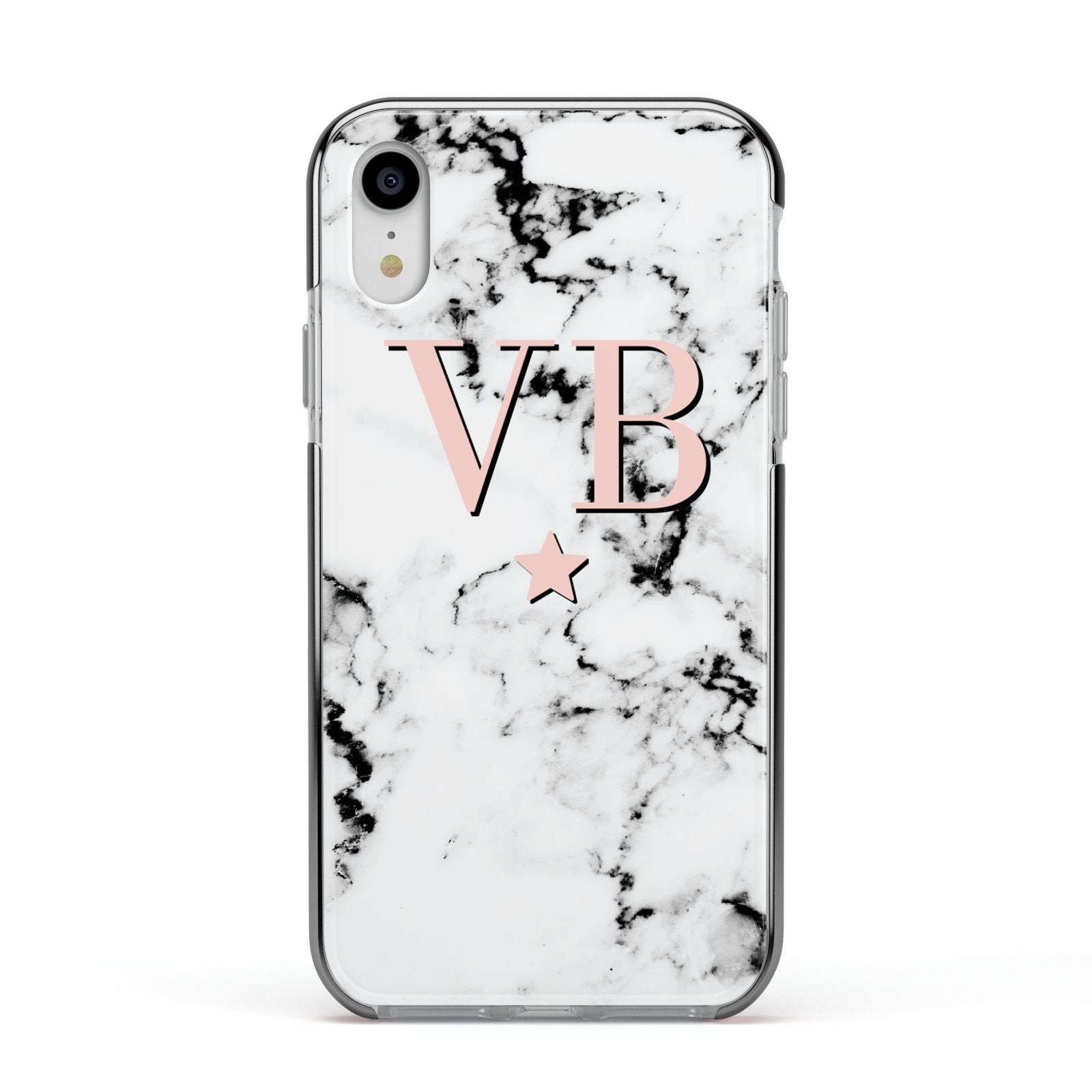 Personalised Coral Initials Star Marble Apple iPhone XR Impact Case Black Edge on Silver Phone