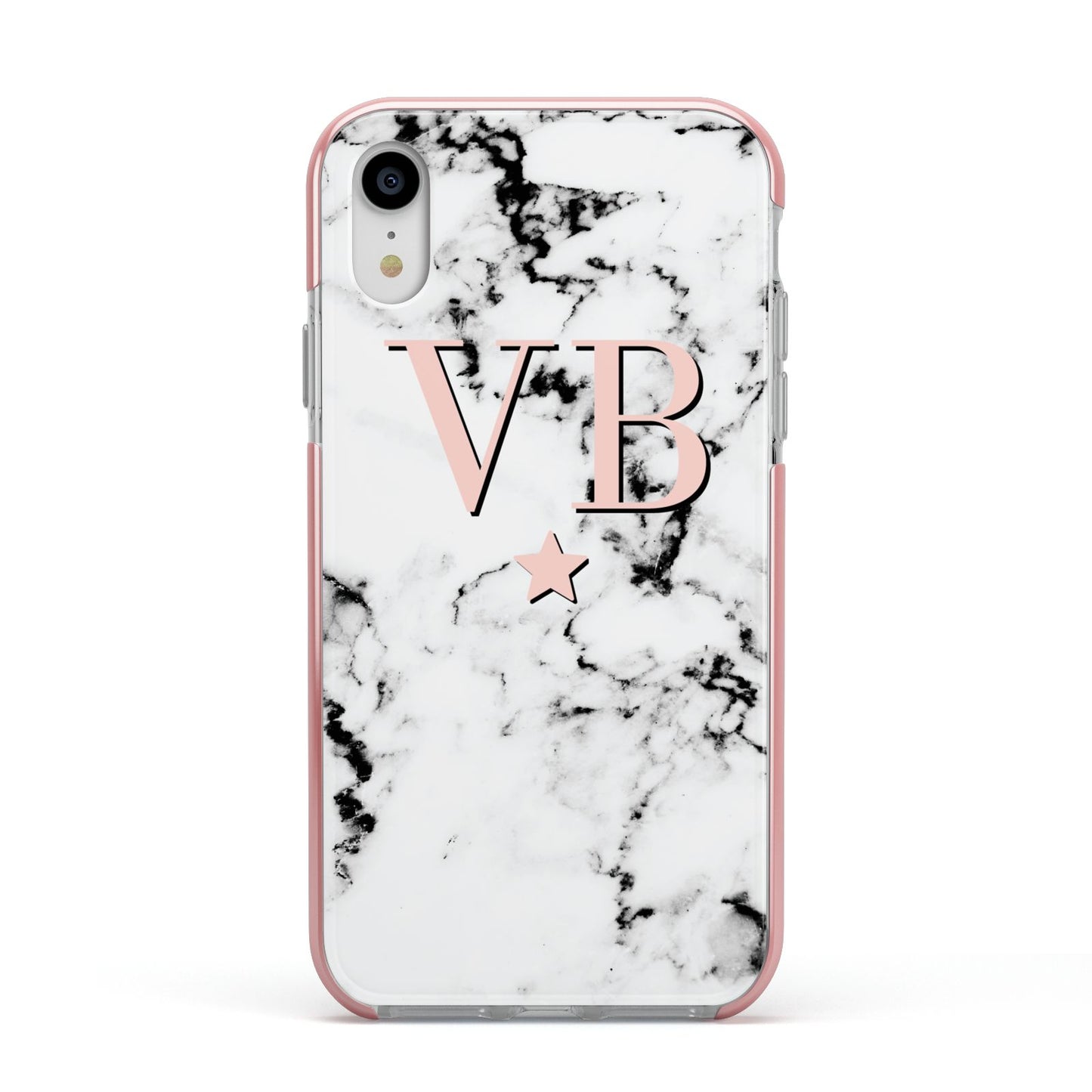 Personalised Coral Initials Star Marble Apple iPhone XR Impact Case Pink Edge on Silver Phone