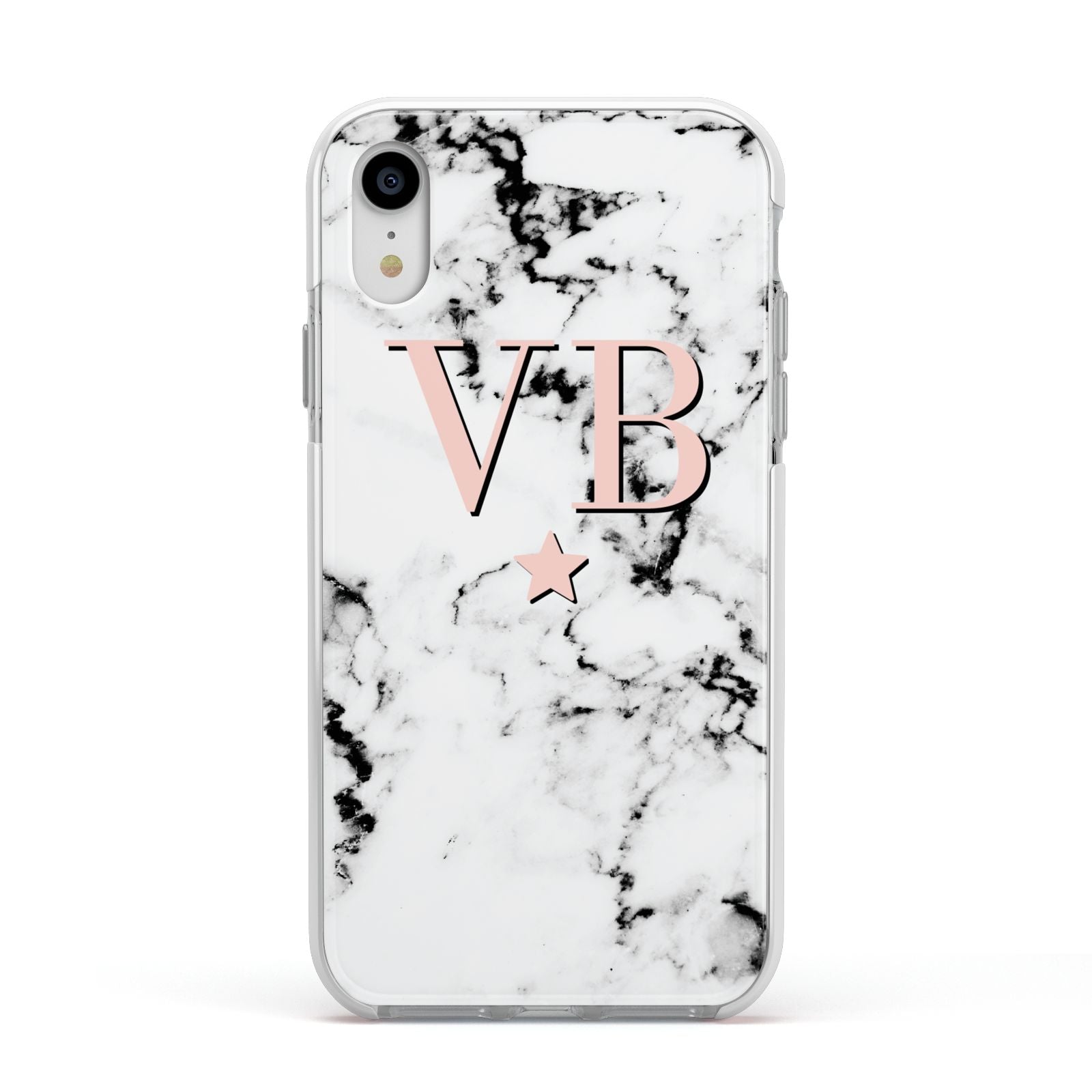 Personalised Coral Initials Star Marble Apple iPhone XR Impact Case White Edge on Silver Phone